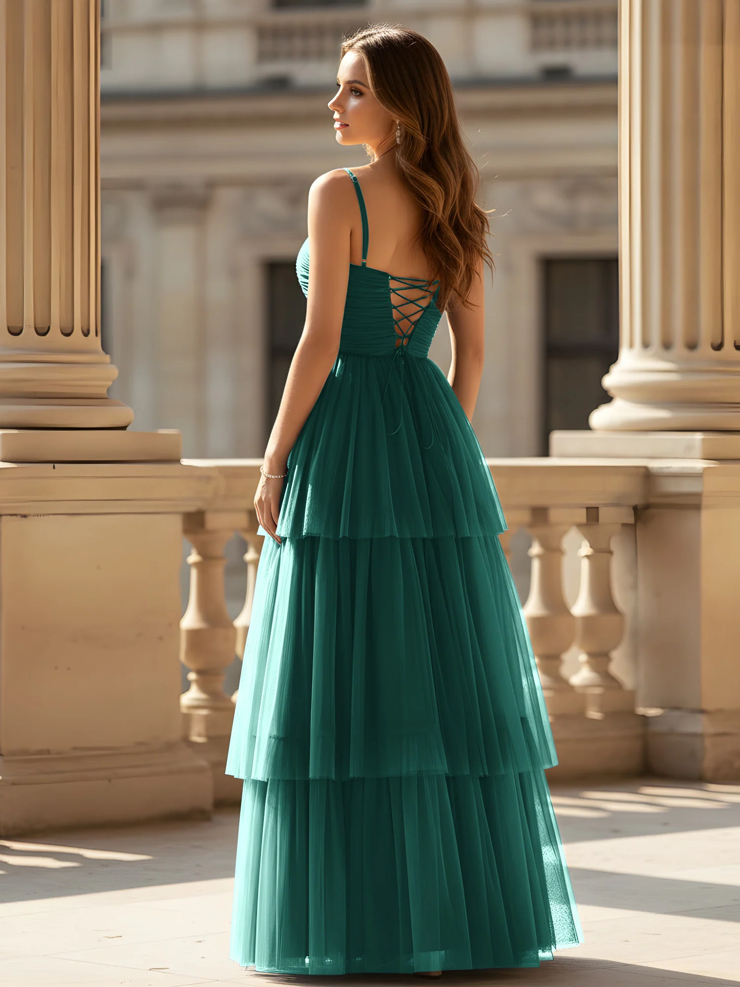 Ruched Bodice Tiered Tulle Gown with High Slit Peacock - Image 2