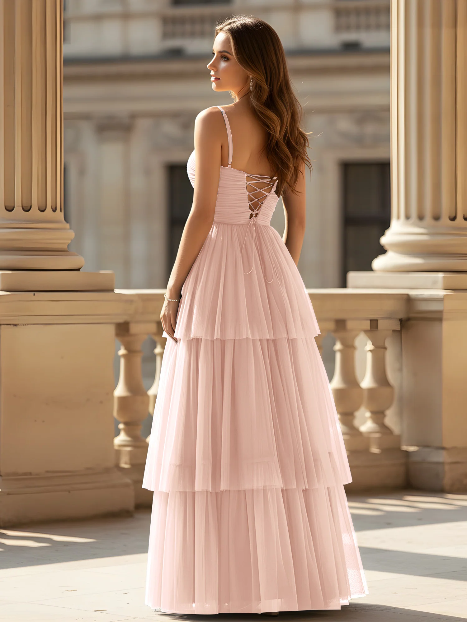 Ruched Bodice Tiered Tulle Gown with High Slit Pearl Pink - Image 2