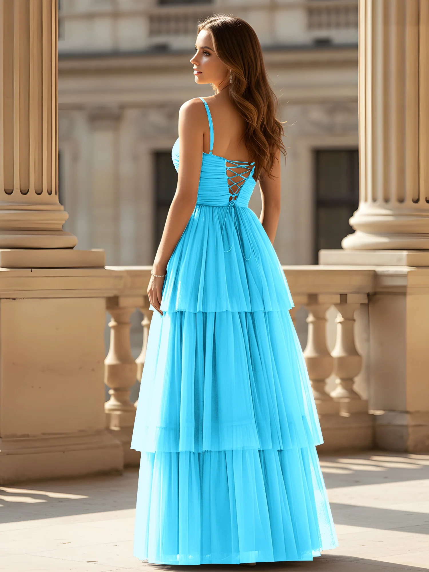 Ruched Bodice Tiered Tulle Gown with High Slit Pool - Image 2