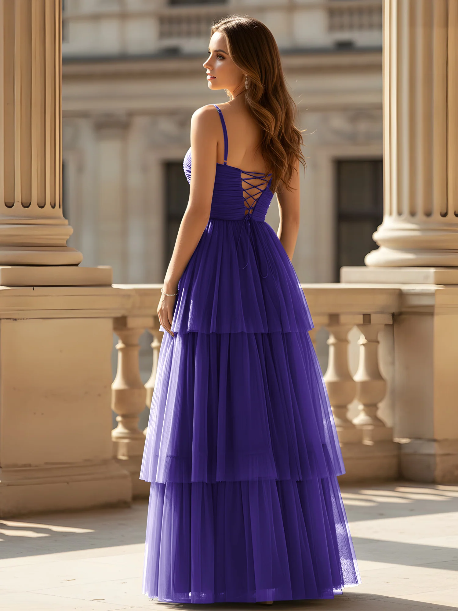 Ruched Bodice Tiered Tulle Gown with High Slit Regency - Image 2
