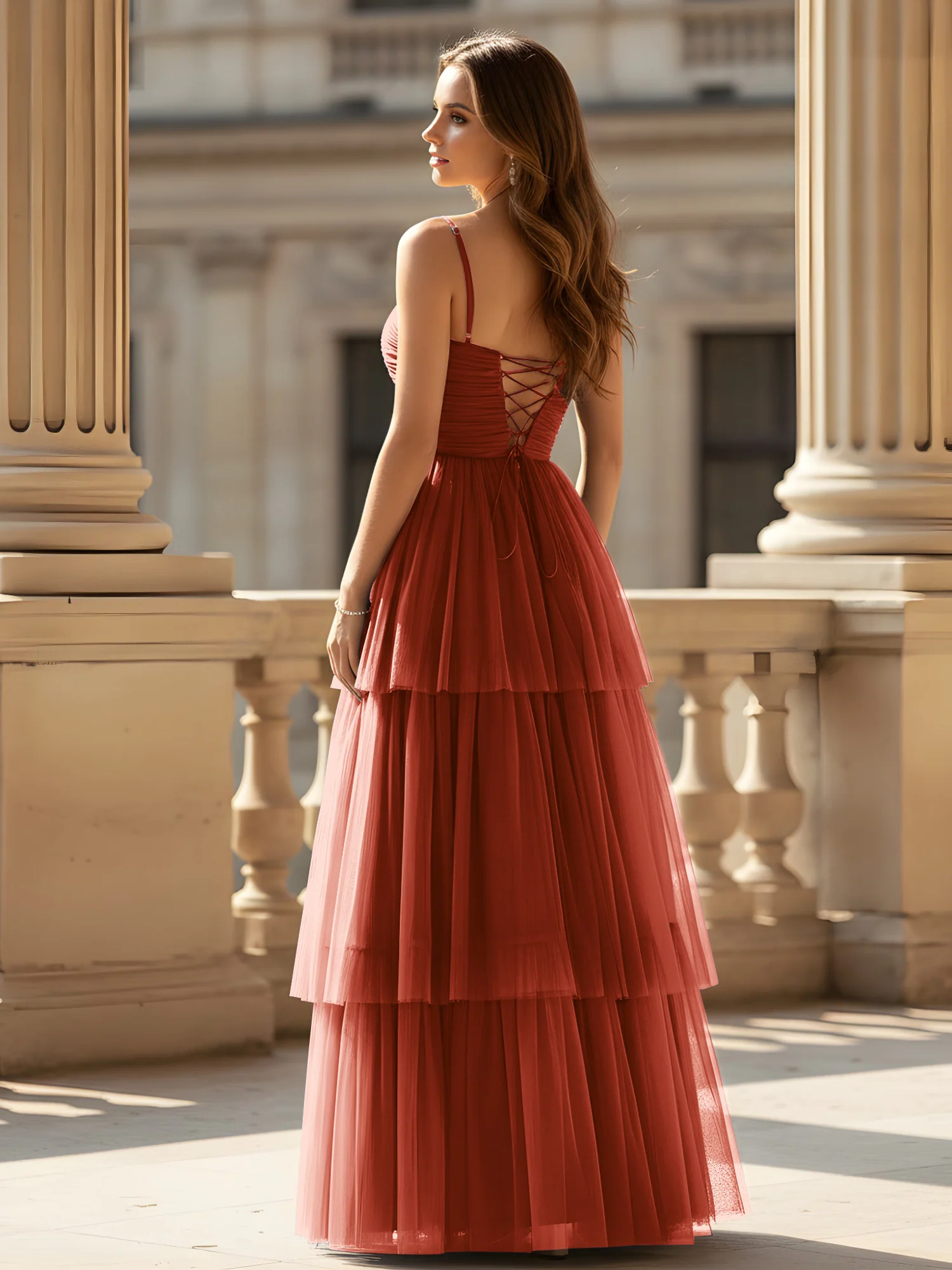 Ruched Bodice Tiered Tulle Gown with High Slit Rust - Image 2