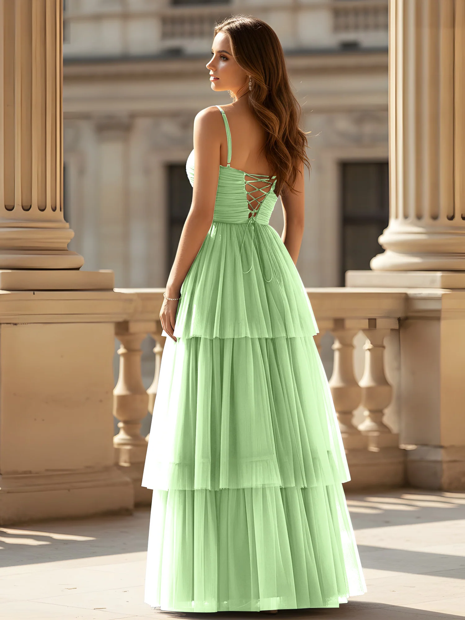 Ruched Bodice Tiered Tulle Gown with High Slit Sage - Image 2