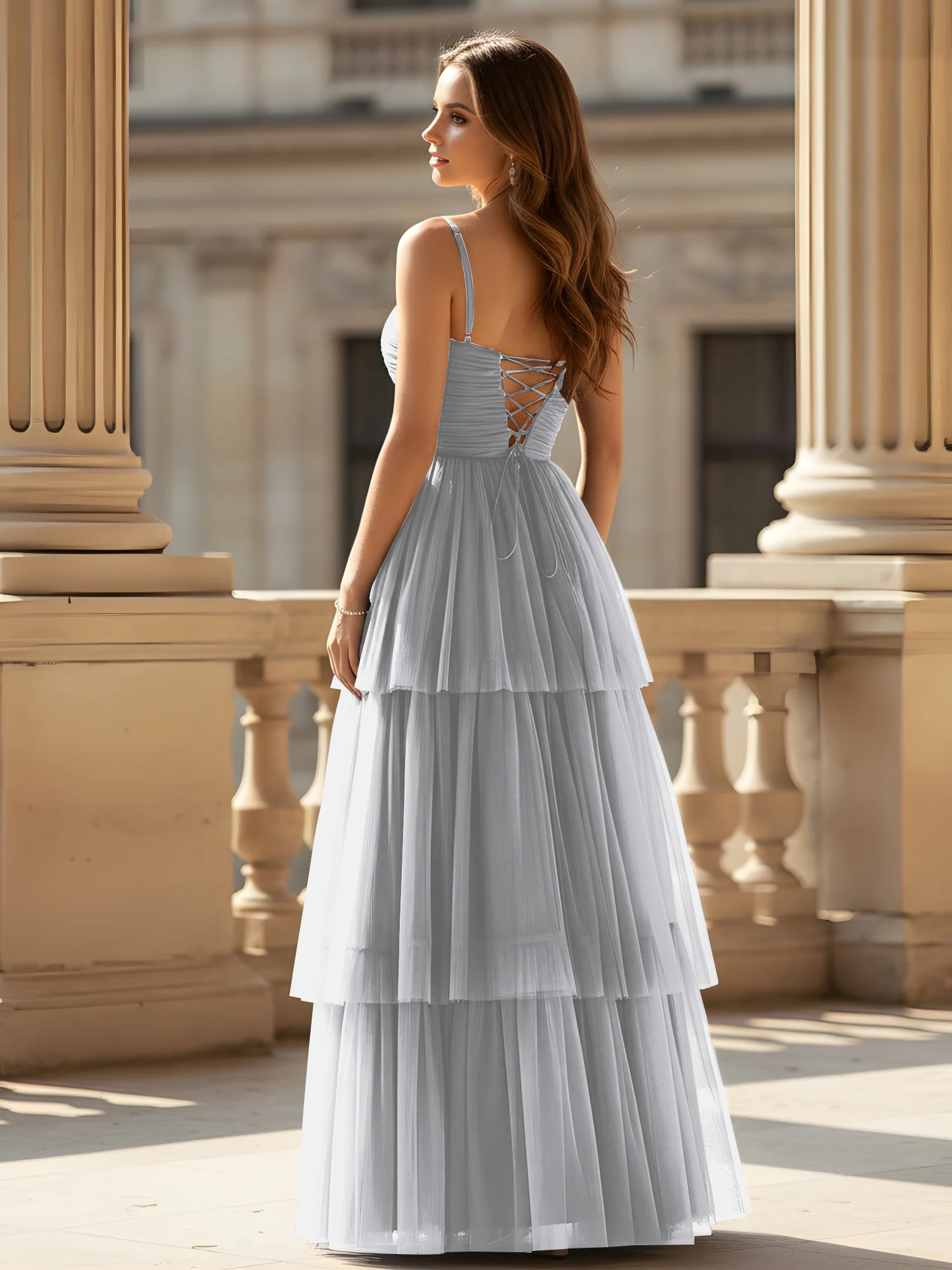 Ruched Bodice Tiered Tulle Gown with High Slit Silver - Image 2