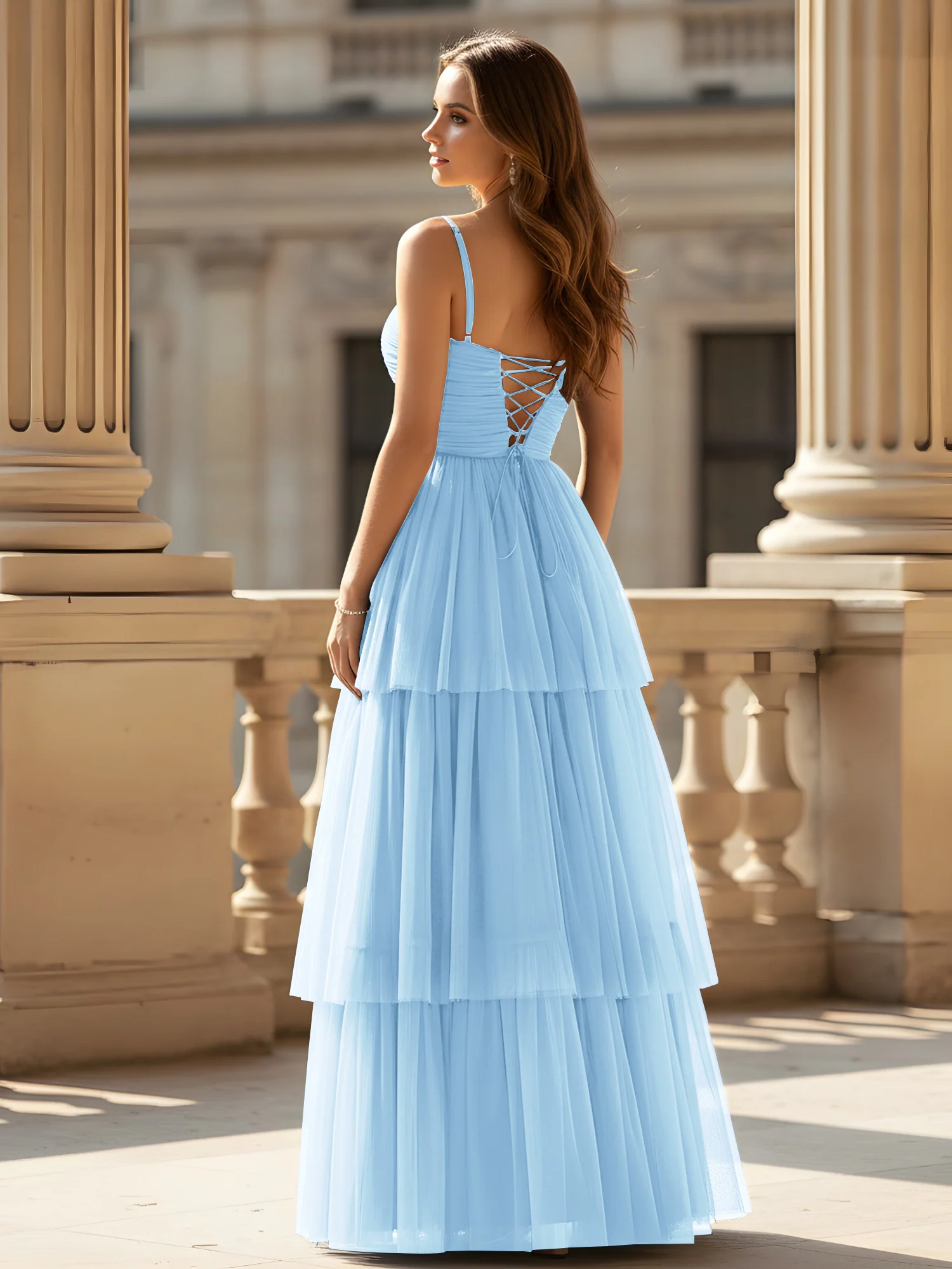 Ruched Bodice Tiered Tulle Gown with High Slit Sky Blue - Image 2