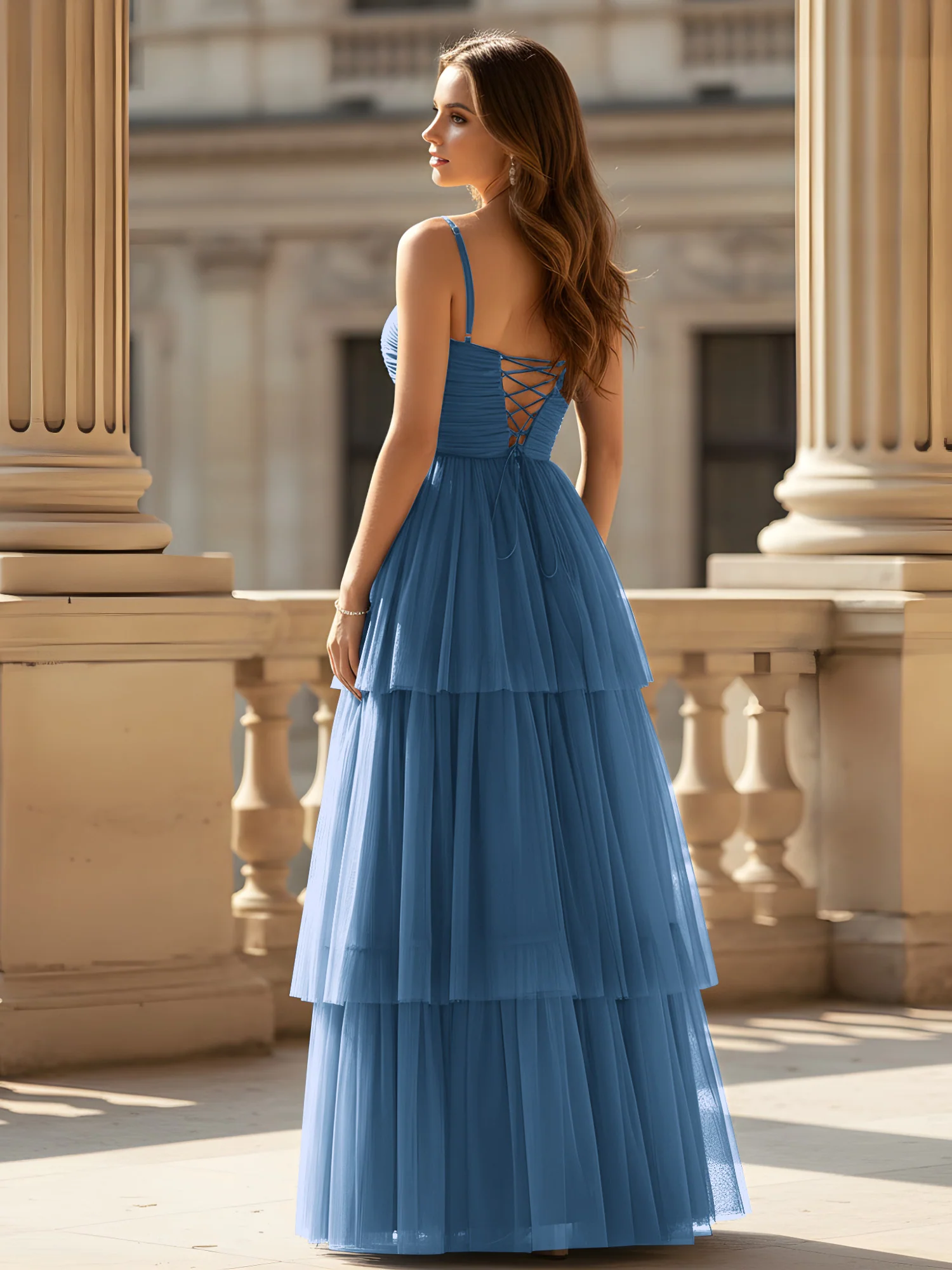 Ruched Bodice Tiered Tulle Gown with High Slit Slate Blue - Image 2