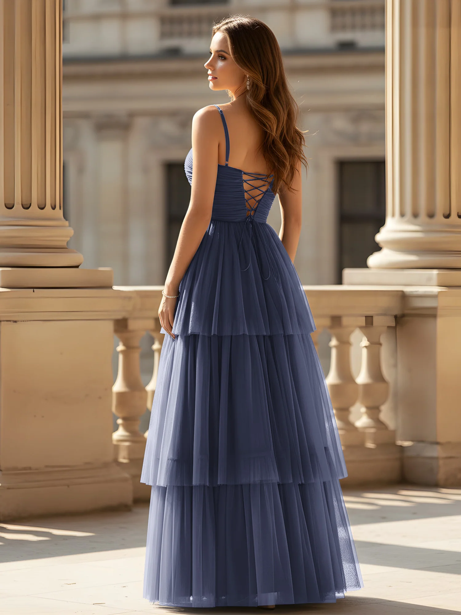 Ruched Bodice Tiered Tulle Gown with High Slit Stormy - Image 2