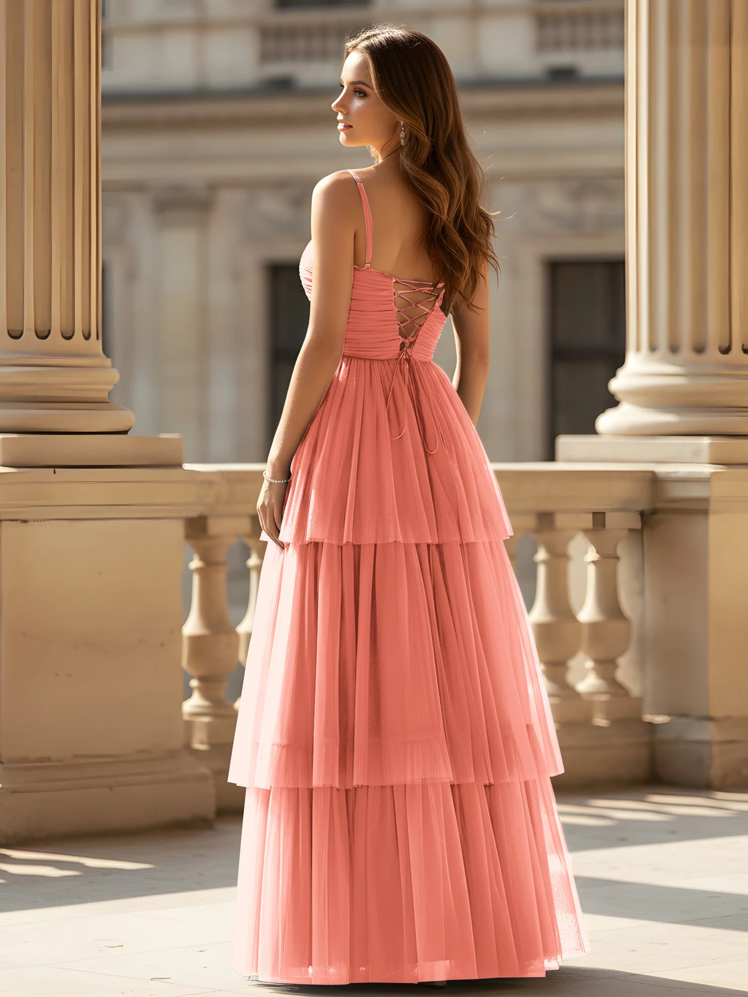 Ruched Bodice Tiered Tulle Gown with High Slit Sunset - Image 2
