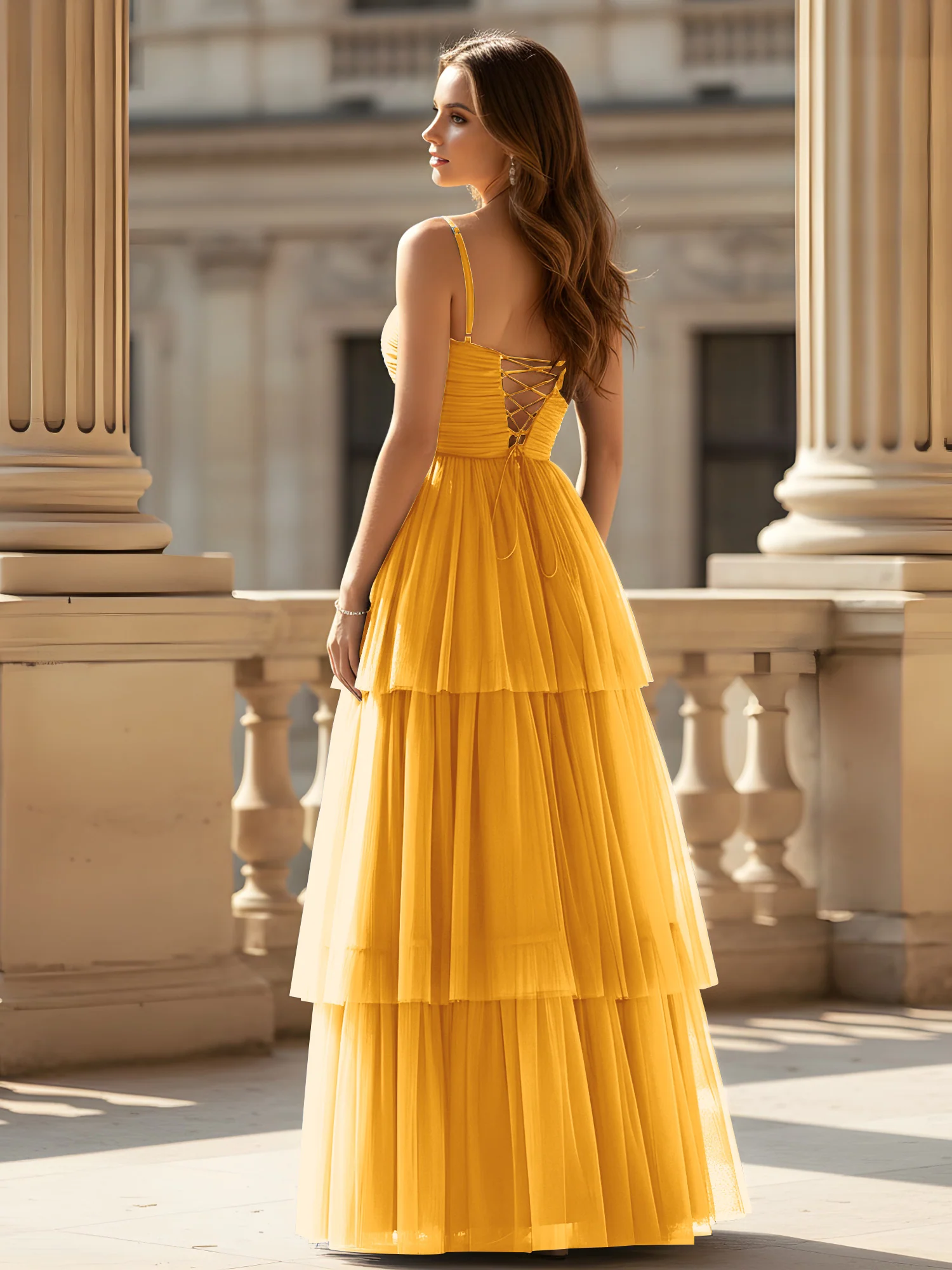 Ruched Bodice Tiered Tulle Gown with High Slit Tangerine - Image 2