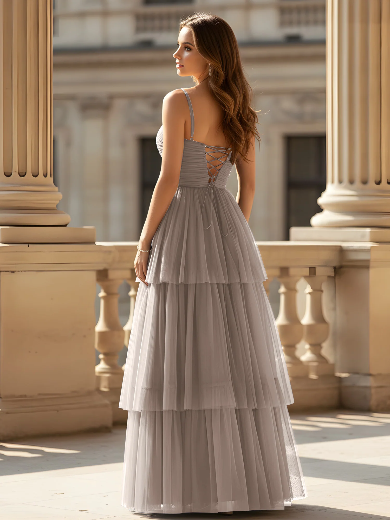 Ruched Bodice Tiered Tulle Gown with High Slit Taupe - Image 2