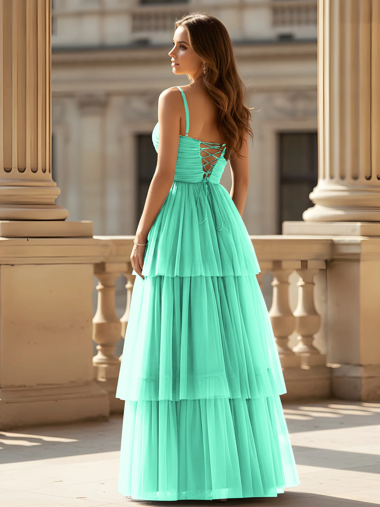 Ruched Bodice Tiered Tulle Gown with High Slit Turquoise - Image 2