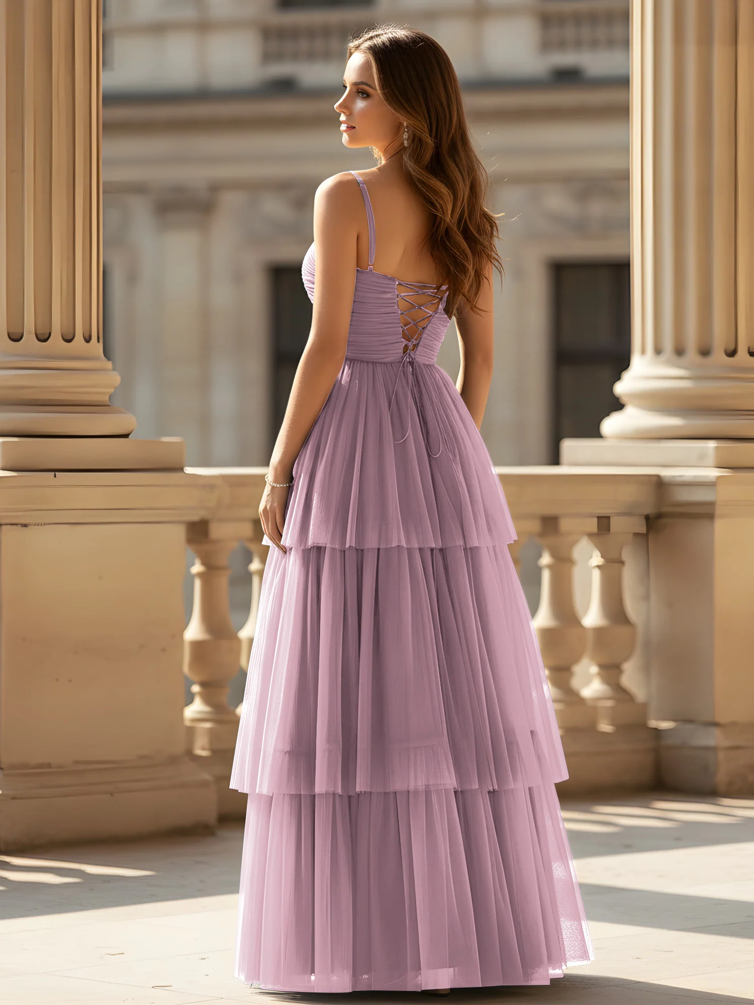 Ruched Bodice Tiered Tulle Gown with High Slit Vintage Mauve - Image 2