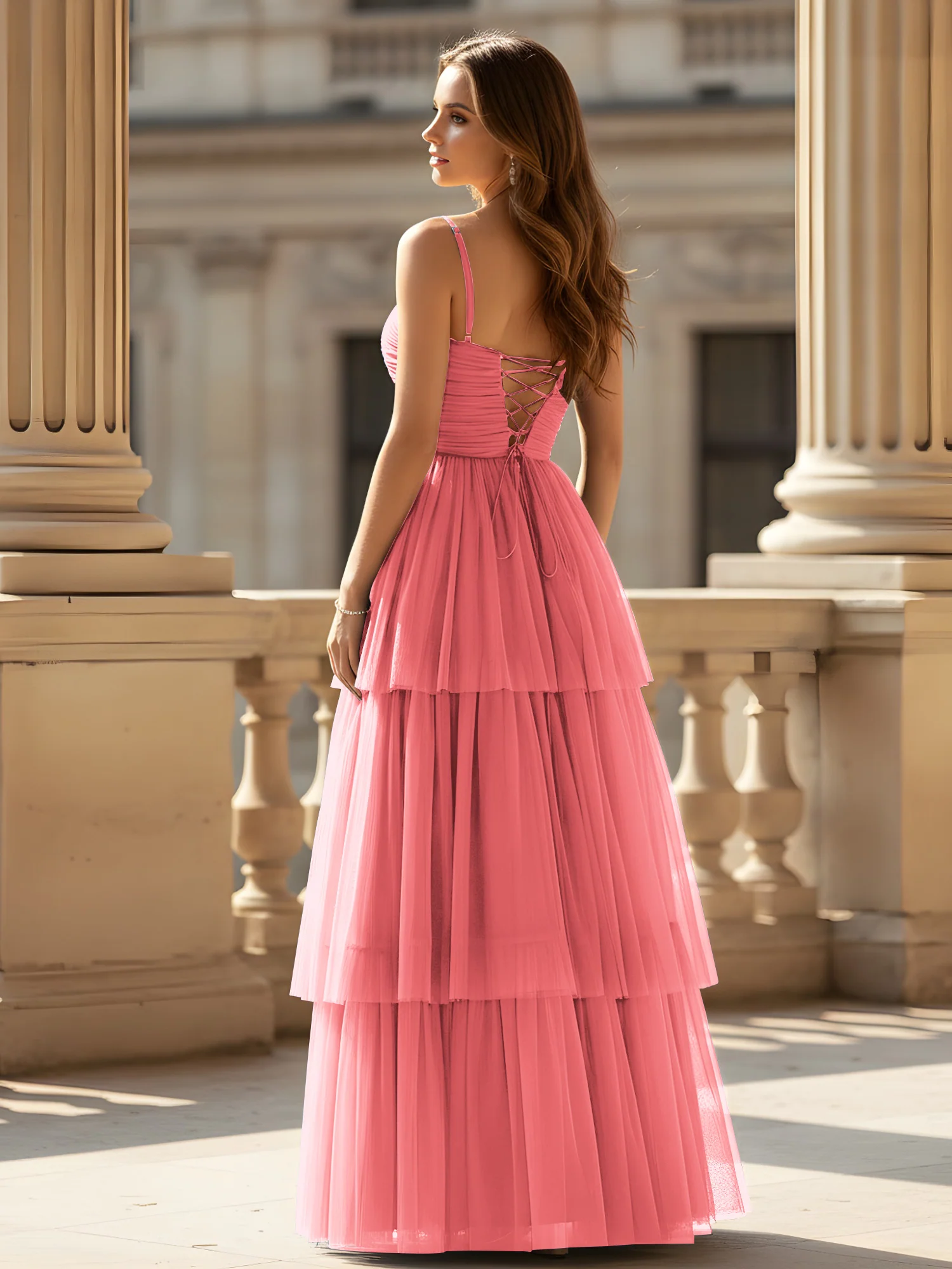 Ruched Bodice Tiered Tulle Gown with High Slit Watermelon - Image 2