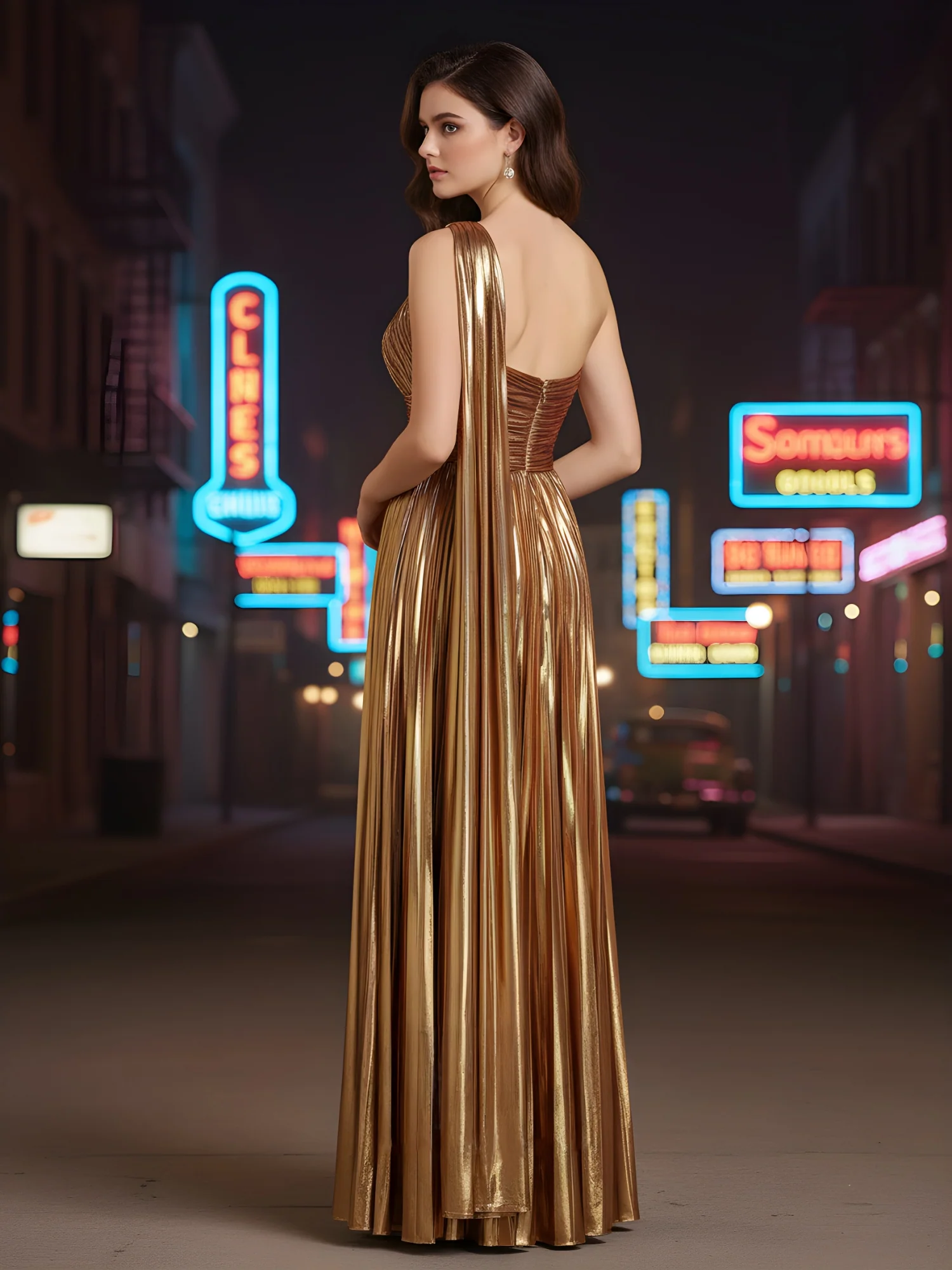 One-Shoulder Plisse Gown with Flowing Cape Detail Gold - Image 2