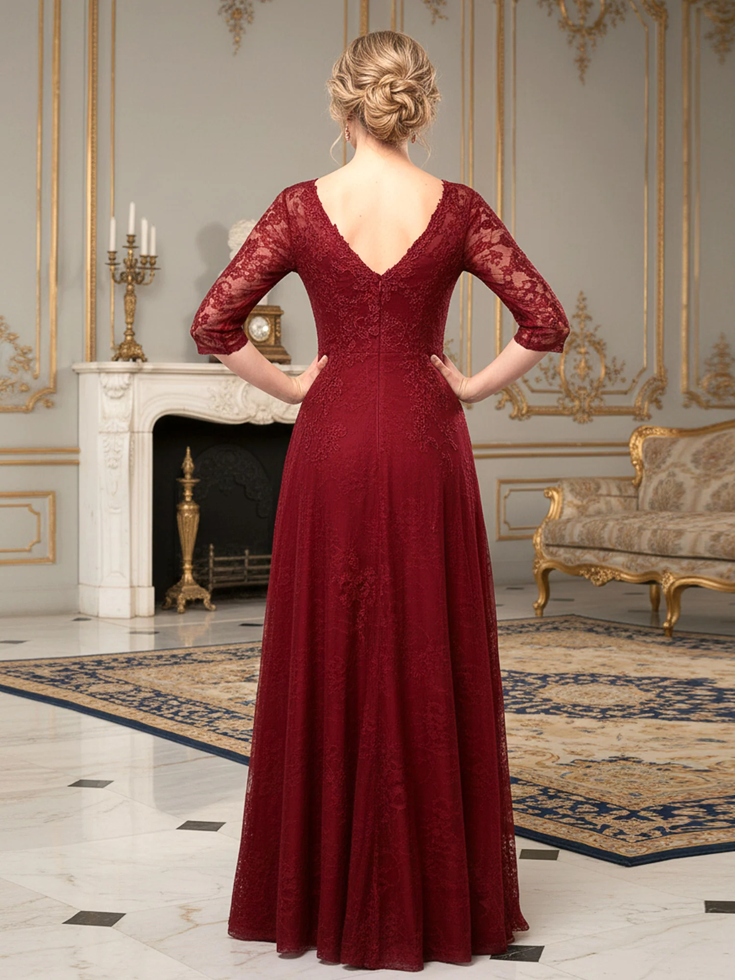 All-Over Embroidered Lace Gown with A-Line Skirt Burgundy - Image 2