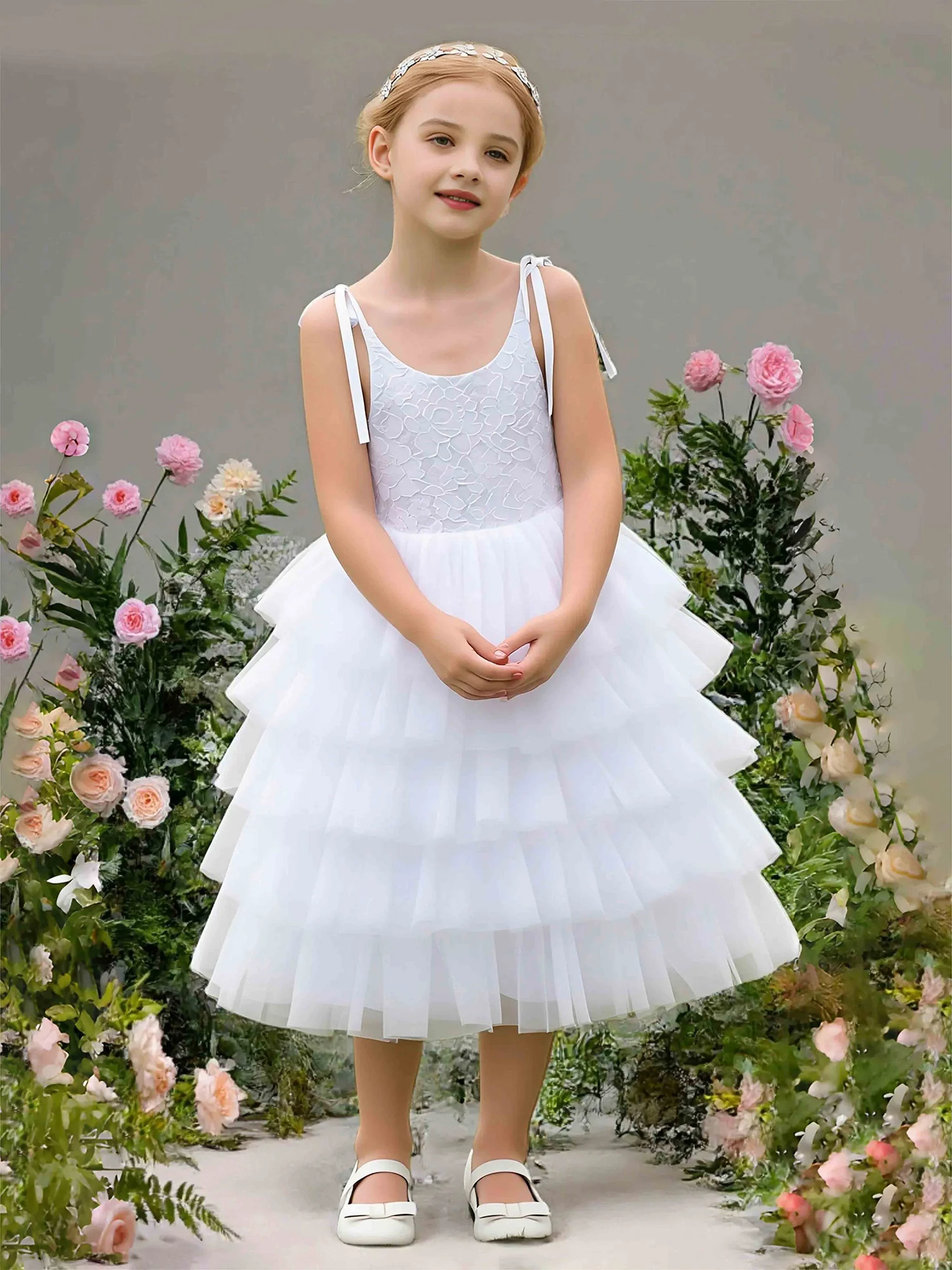 Tiered Ruffle Tulle Shoulder Bow Flower Girl Dress White
