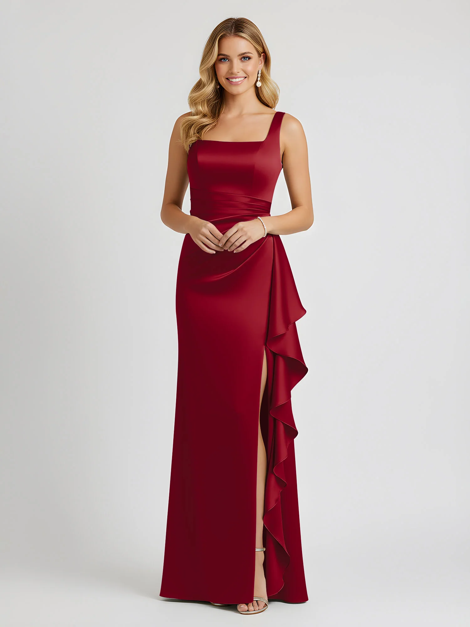 Square Neck Ruffle Slit Satin Column Gown Burgundy