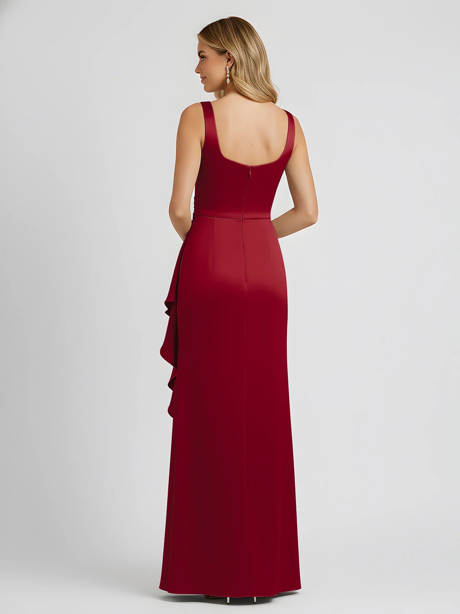 Square Neck Ruffle Slit Satin Column Gown Burgundy - Image 2