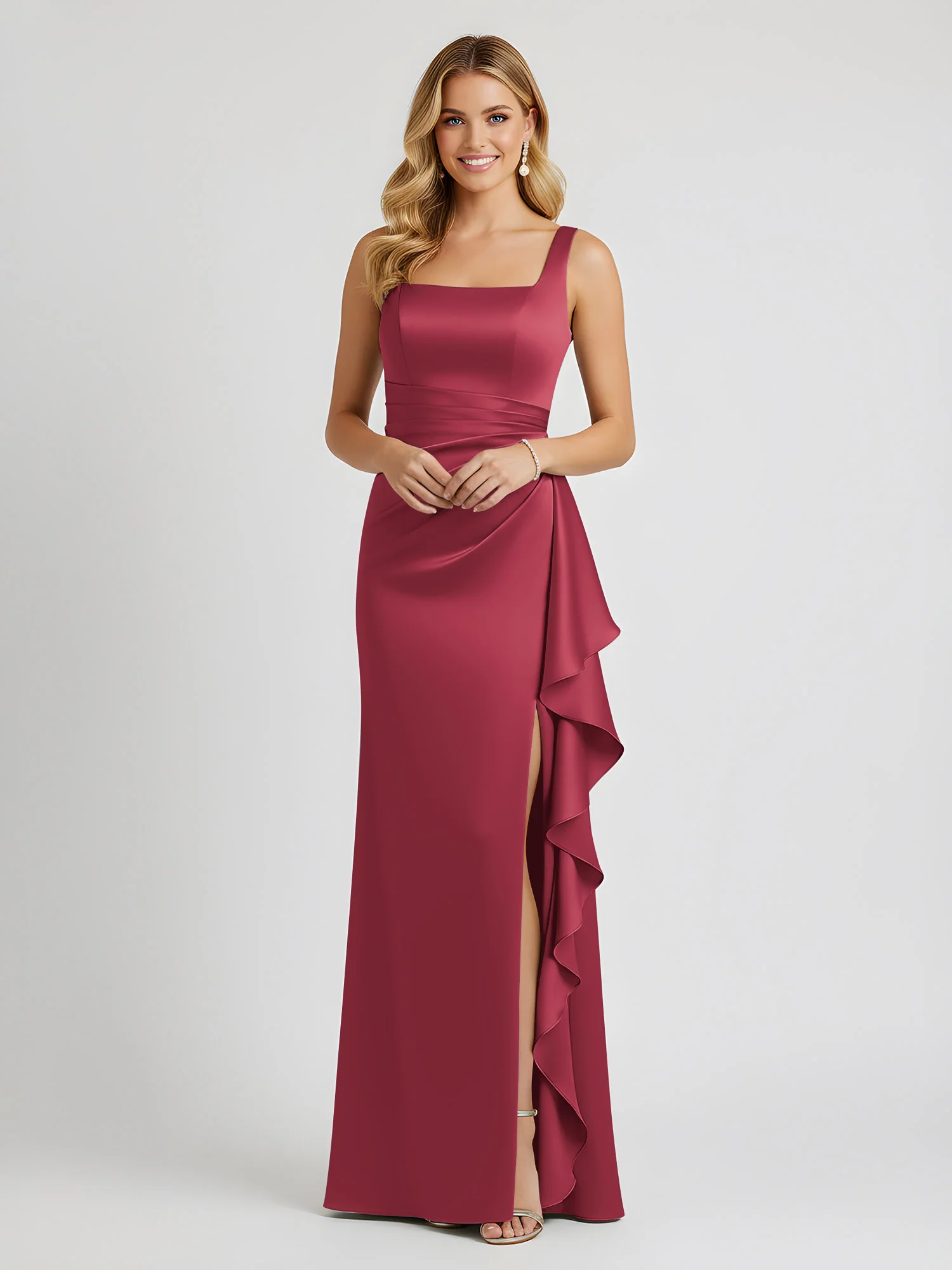 Square Neck Ruffle Slit Satin Column Gown Cinnamon Rose