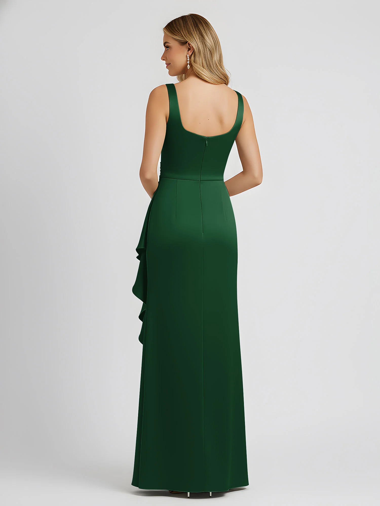 Square Neck Ruffle Slit Satin Column Gown Dark Green - Image 2