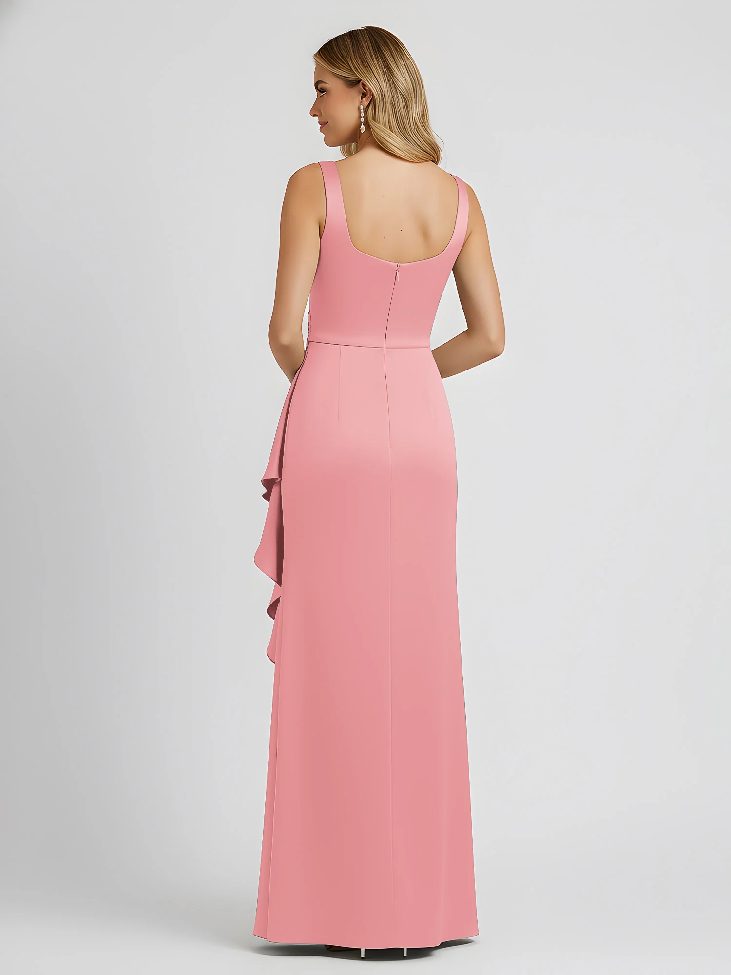Square Neck Ruffle Slit Satin Column Gown Flamingo - Image 2