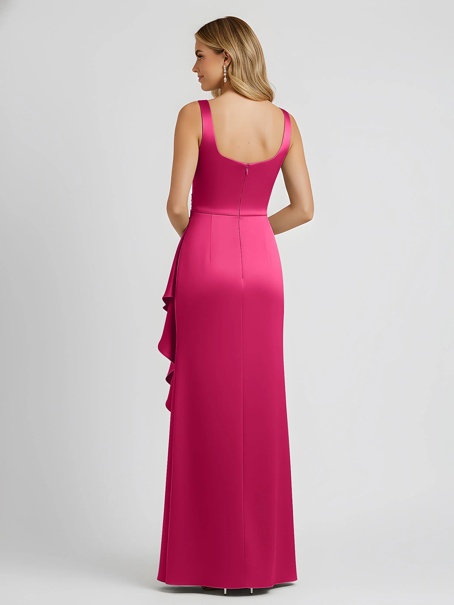 Square Neck Ruffle Slit Satin Column Gown Fuchsia - Image 2