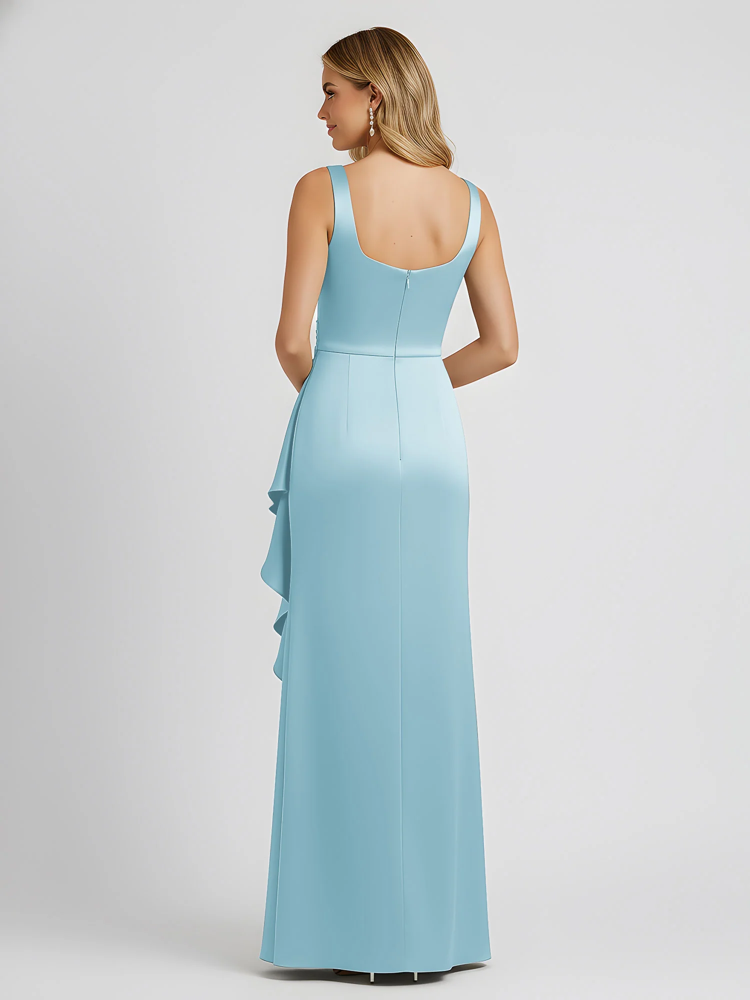 Square Neck Ruffle Slit Satin Column Gown Mist - Image 2