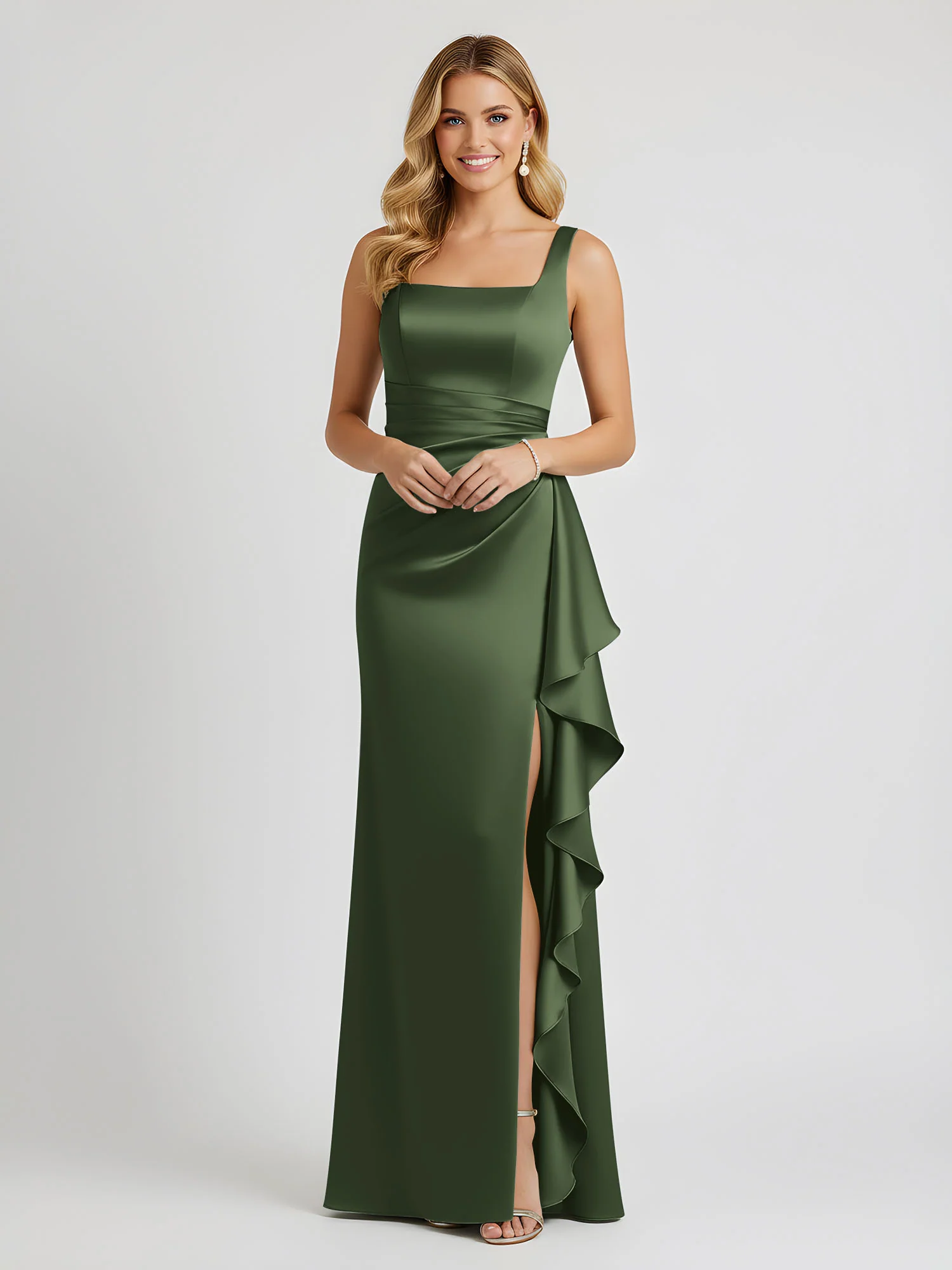 Square Neck Ruffle Slit Satin Column Gown Olive Green - Image 2