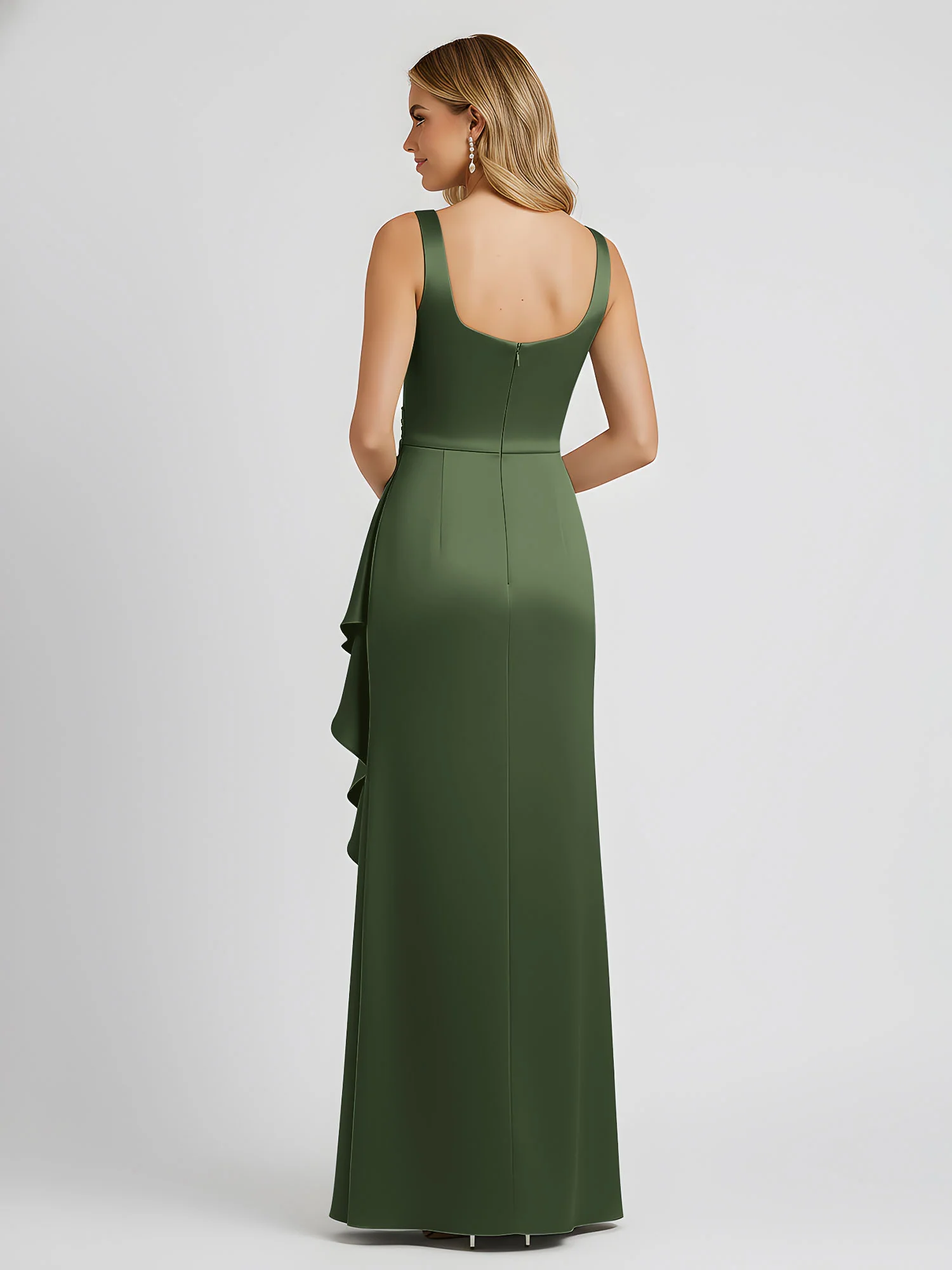 Square Neck Ruffle Slit Satin Column Gown Olive Green - Image 3