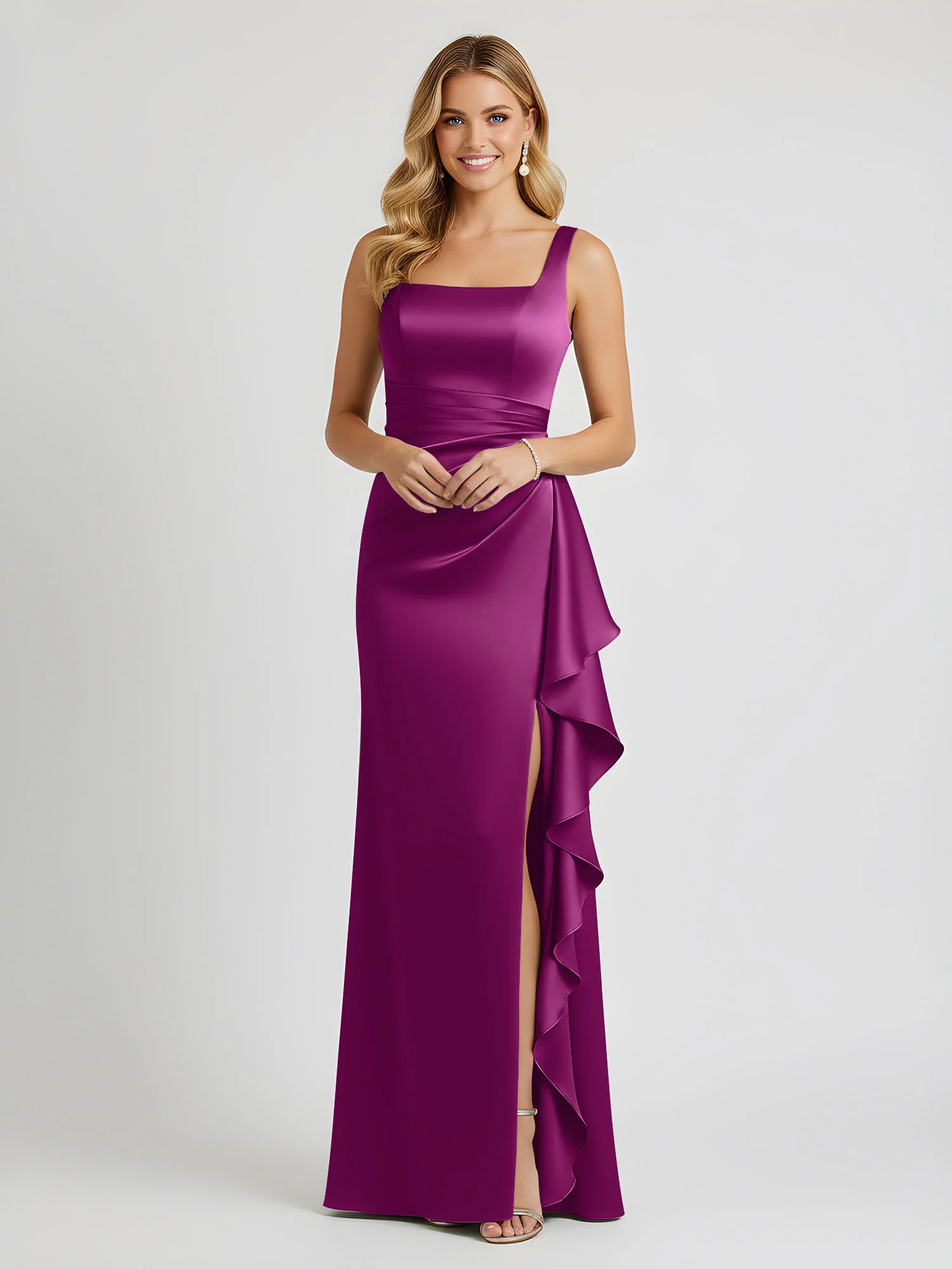 Square Neck Ruffle Slit Satin Column Gown Orchid