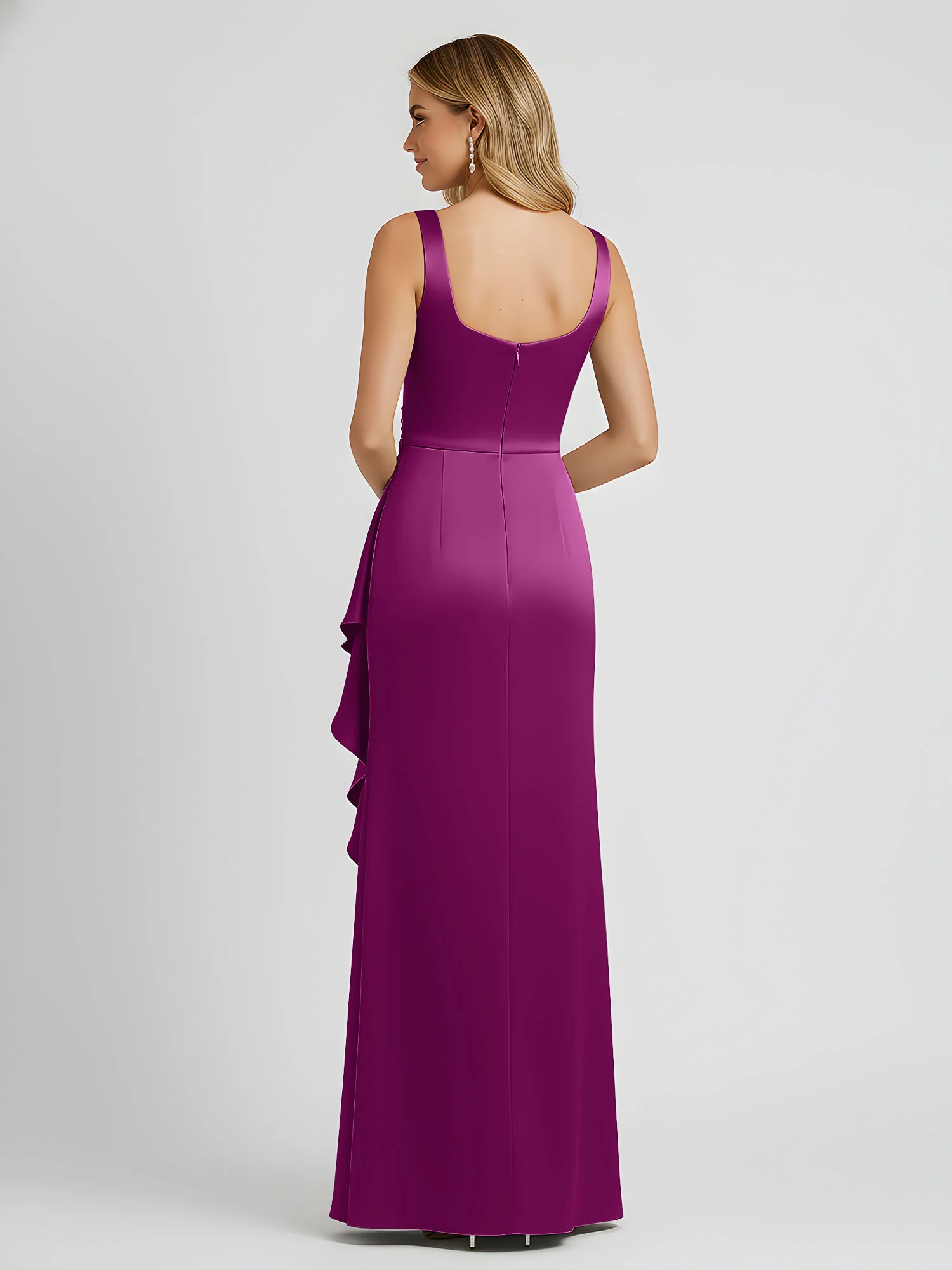 Square Neck Ruffle Slit Satin Column Gown Orchid - Image 2