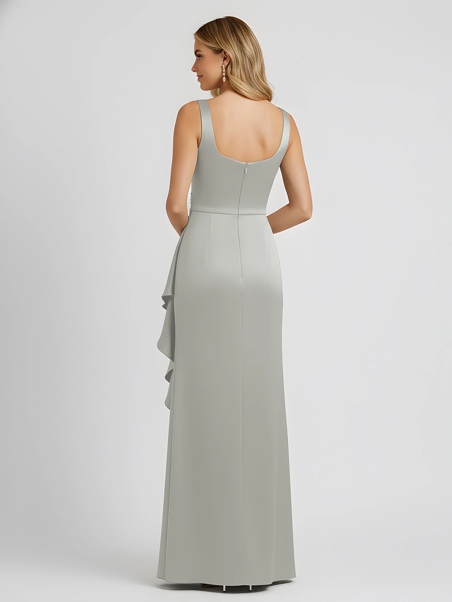 Square Neck Ruffle Slit Satin Column Gown Silver - Image 2