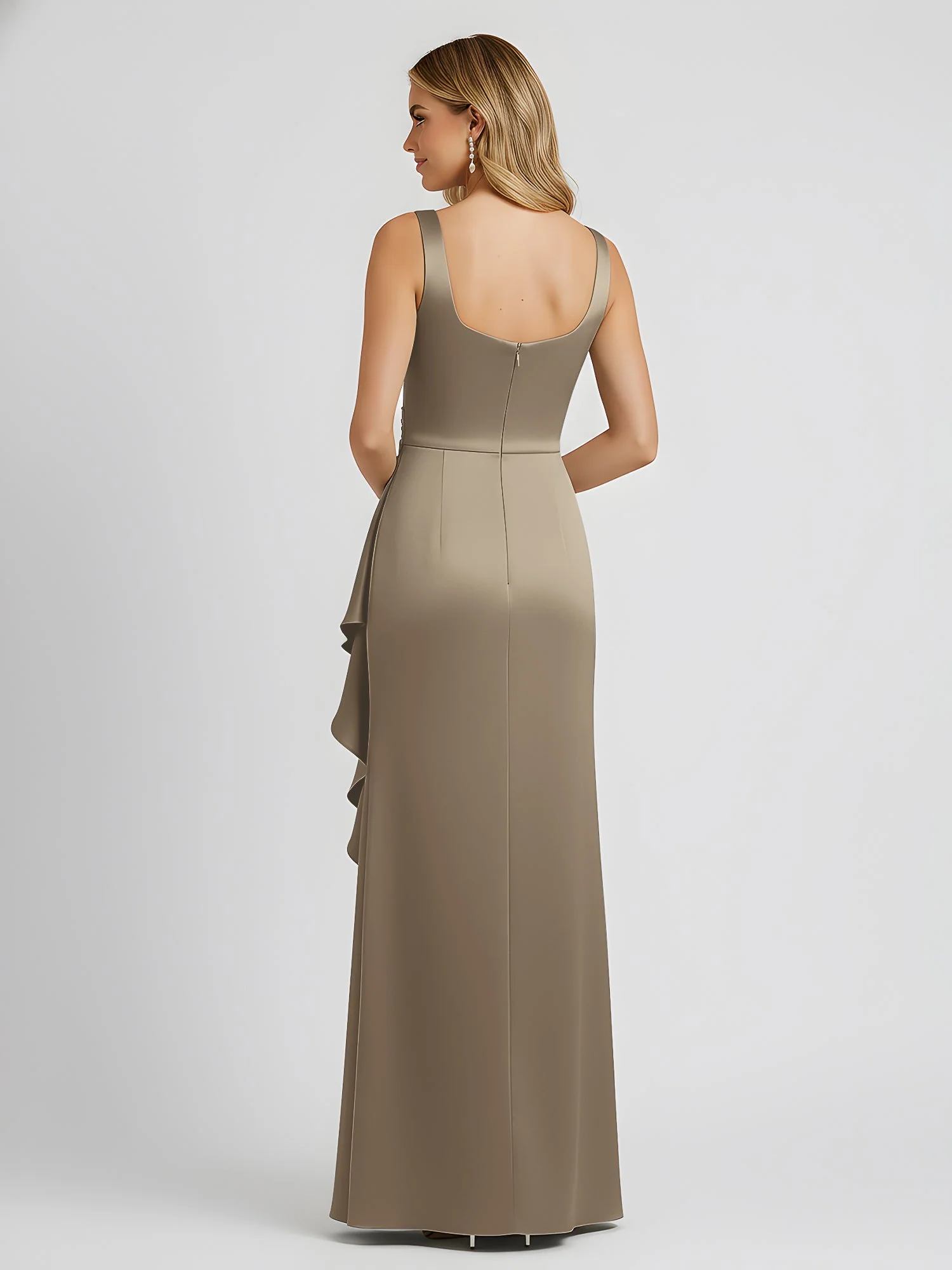 Square Neck Ruffle Slit Satin Column Gown Taupe - Image 2