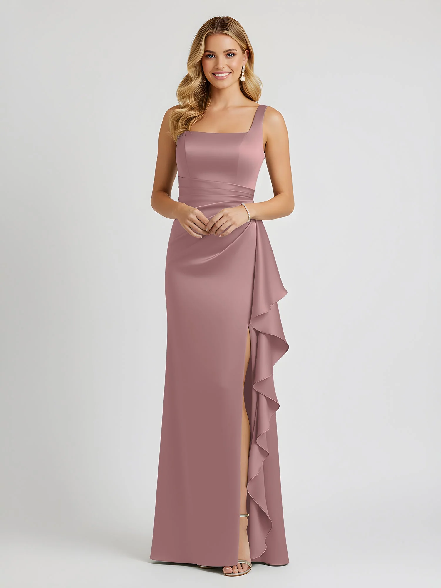 Square Neck Ruffle Slit Satin Column Gown Vintage Mauve