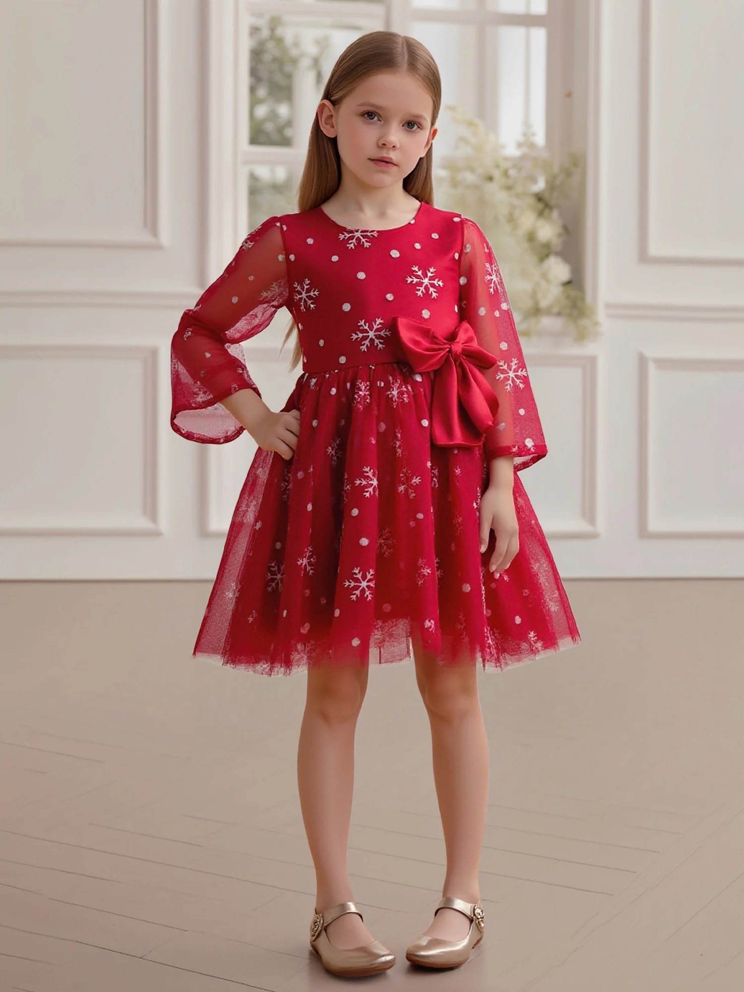 Snowflake Print Bell Sleeve Big Bow Flower Girl Dress Red