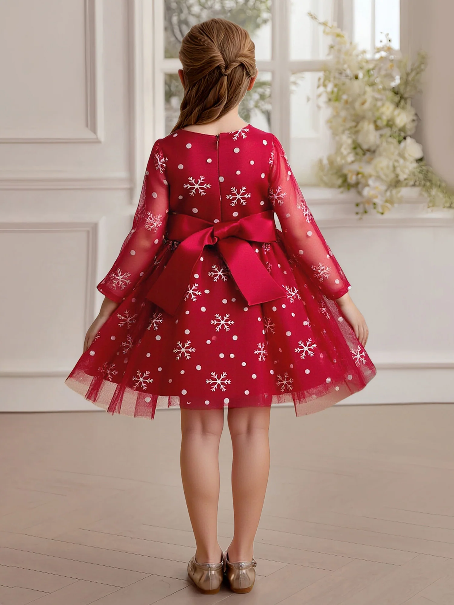 Snowflake Print Bell Sleeve Big Bow Flower Girl Dress Red - Image 2