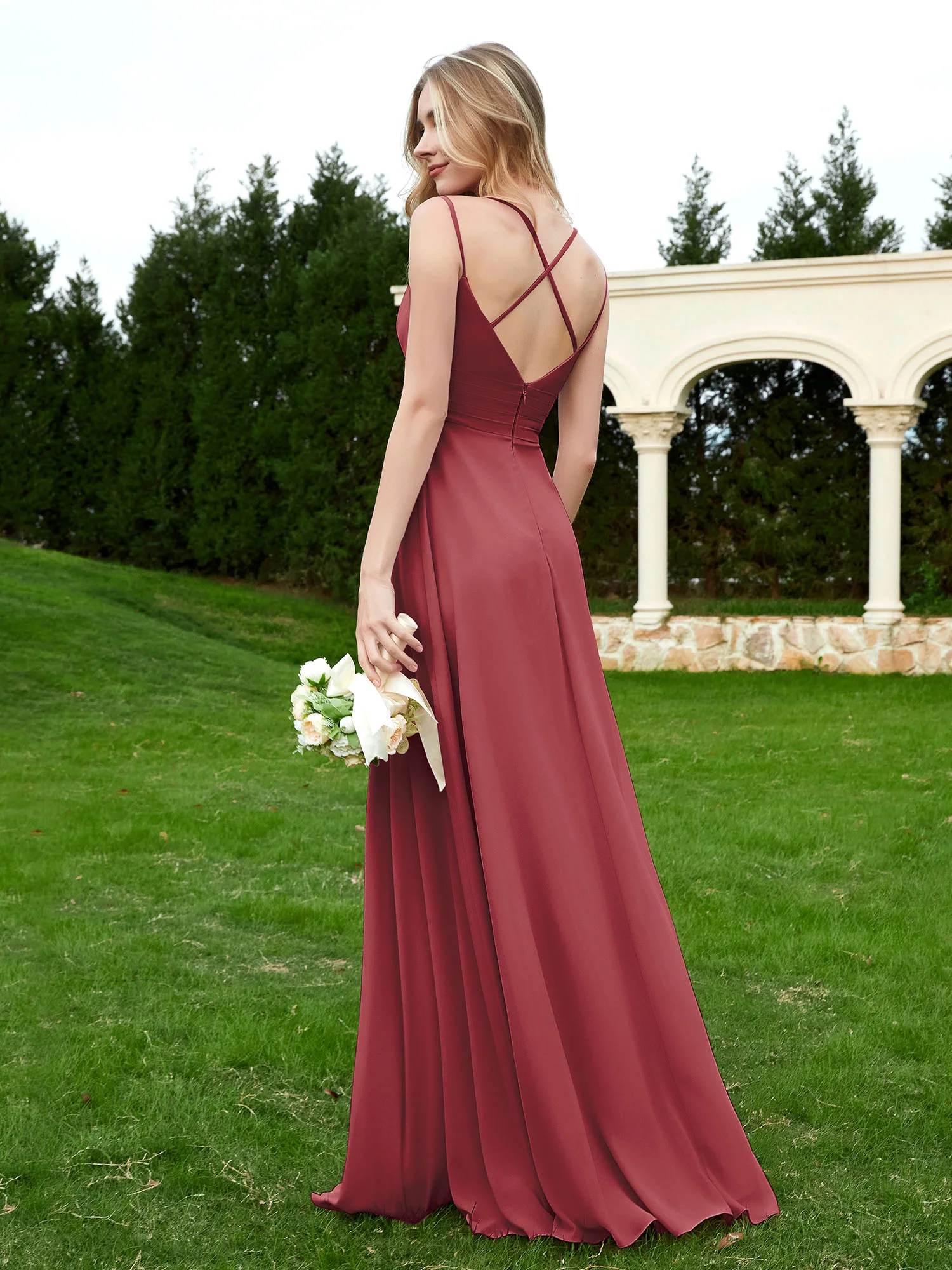 Floor Length V Neck Chiffon Bridesmaid Gown Cinnamon Rose - Image 2