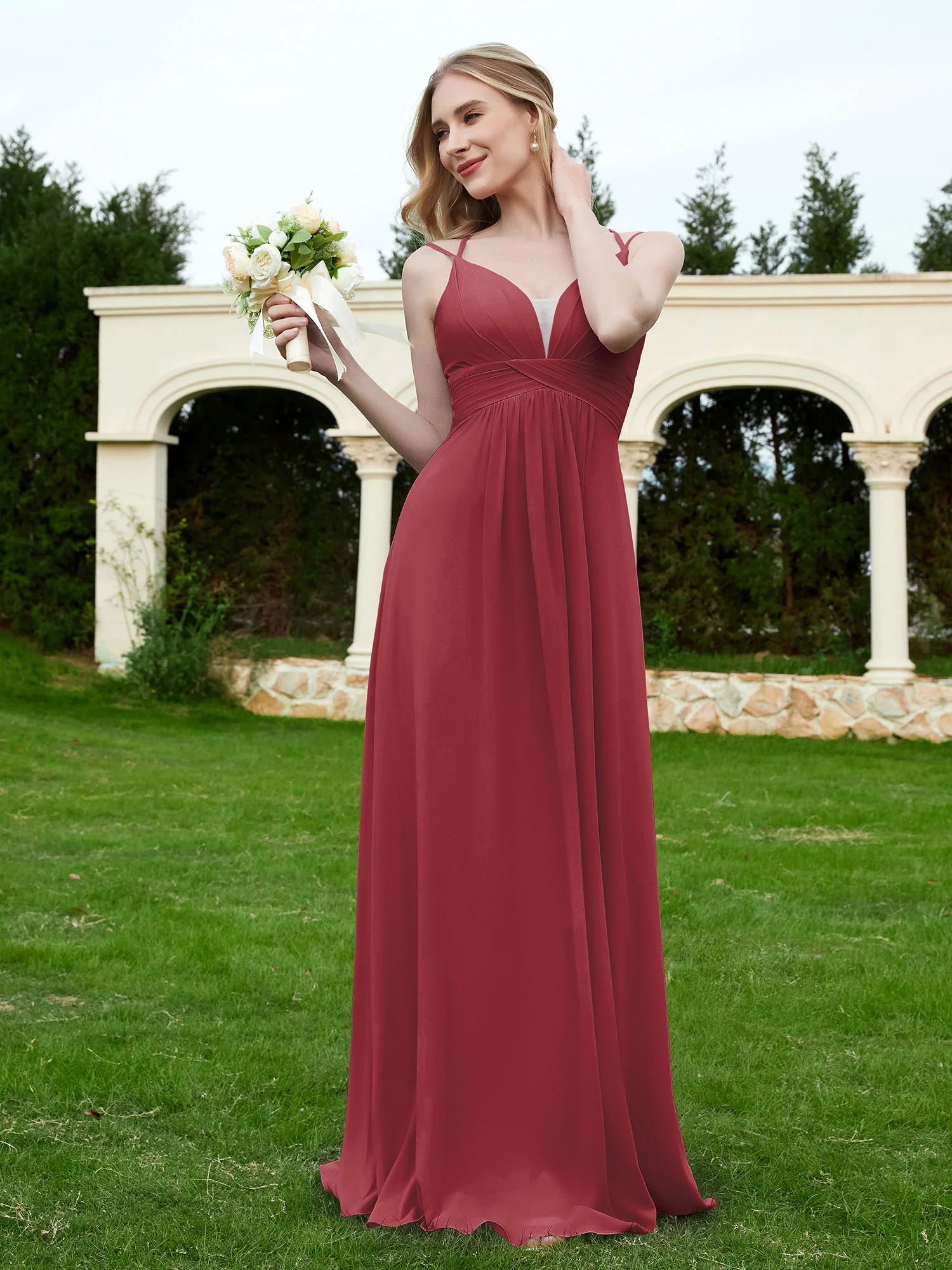 Floor Length V Neck Chiffon Bridesmaid Gown Cinnamon Rose - Image 3