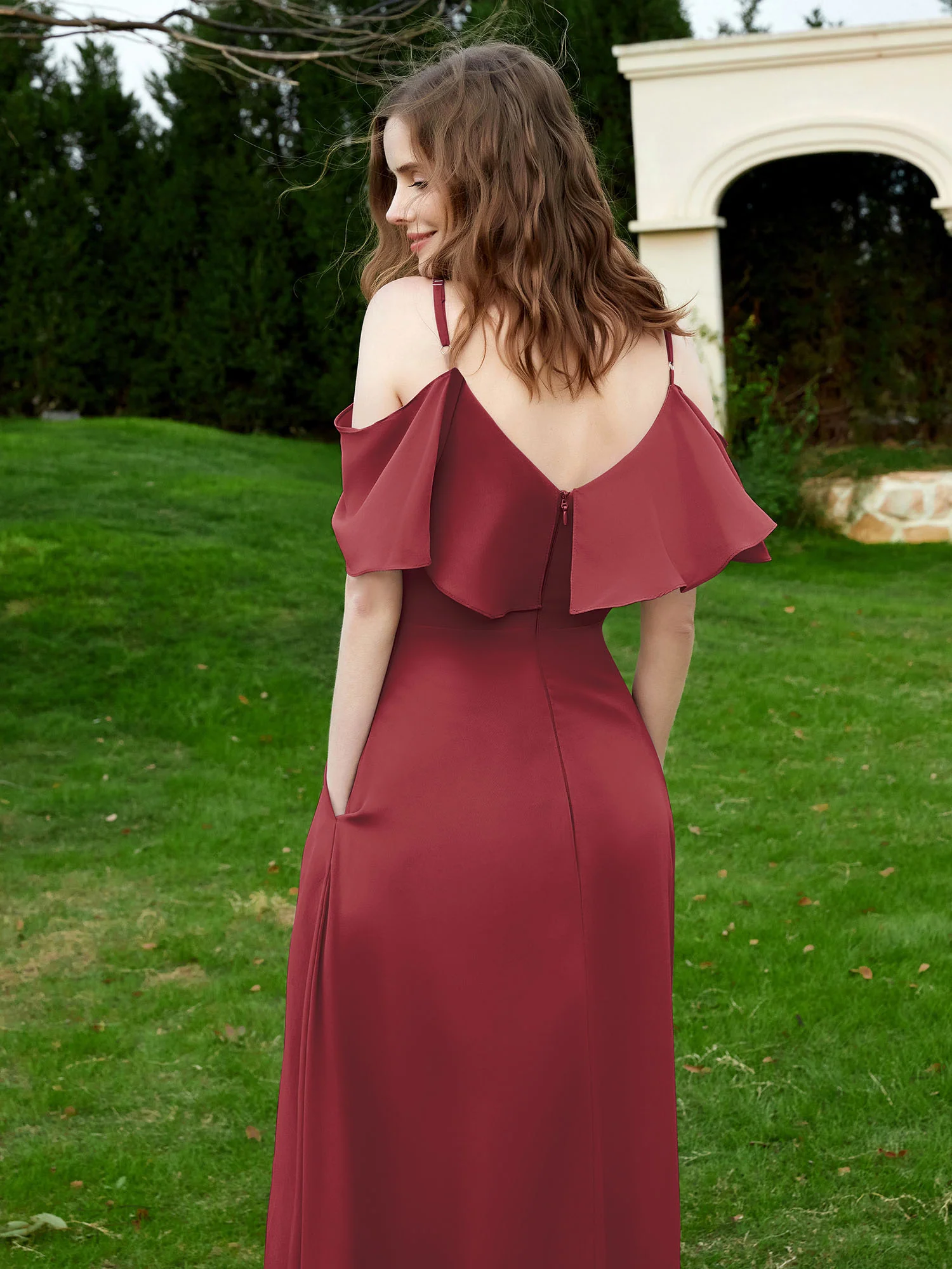 Floor-length V-neck Ruffles Chiffon A-line Dress Cinnamon Rose Plus Size - Image 2
