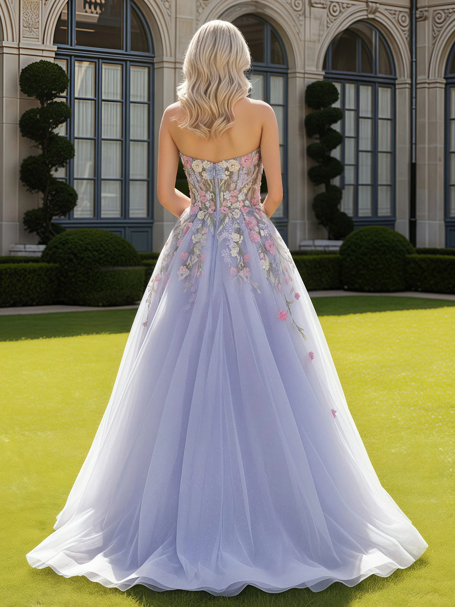 Floral Applique Sweetheart Neck A-Line Tulle Dress Lavender - Image 2