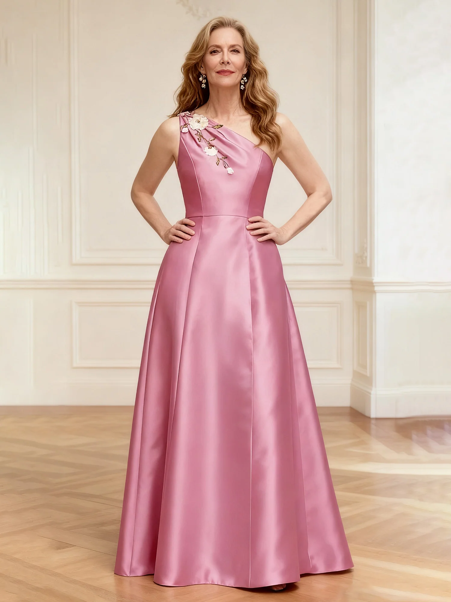 Floral One Shoulder A-Line Satin Long Dress Pink