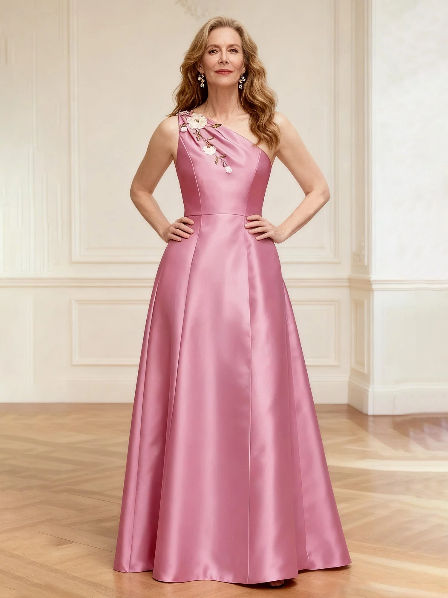 Floral One Shoulder A-Line Satin Long Dress Terracotta