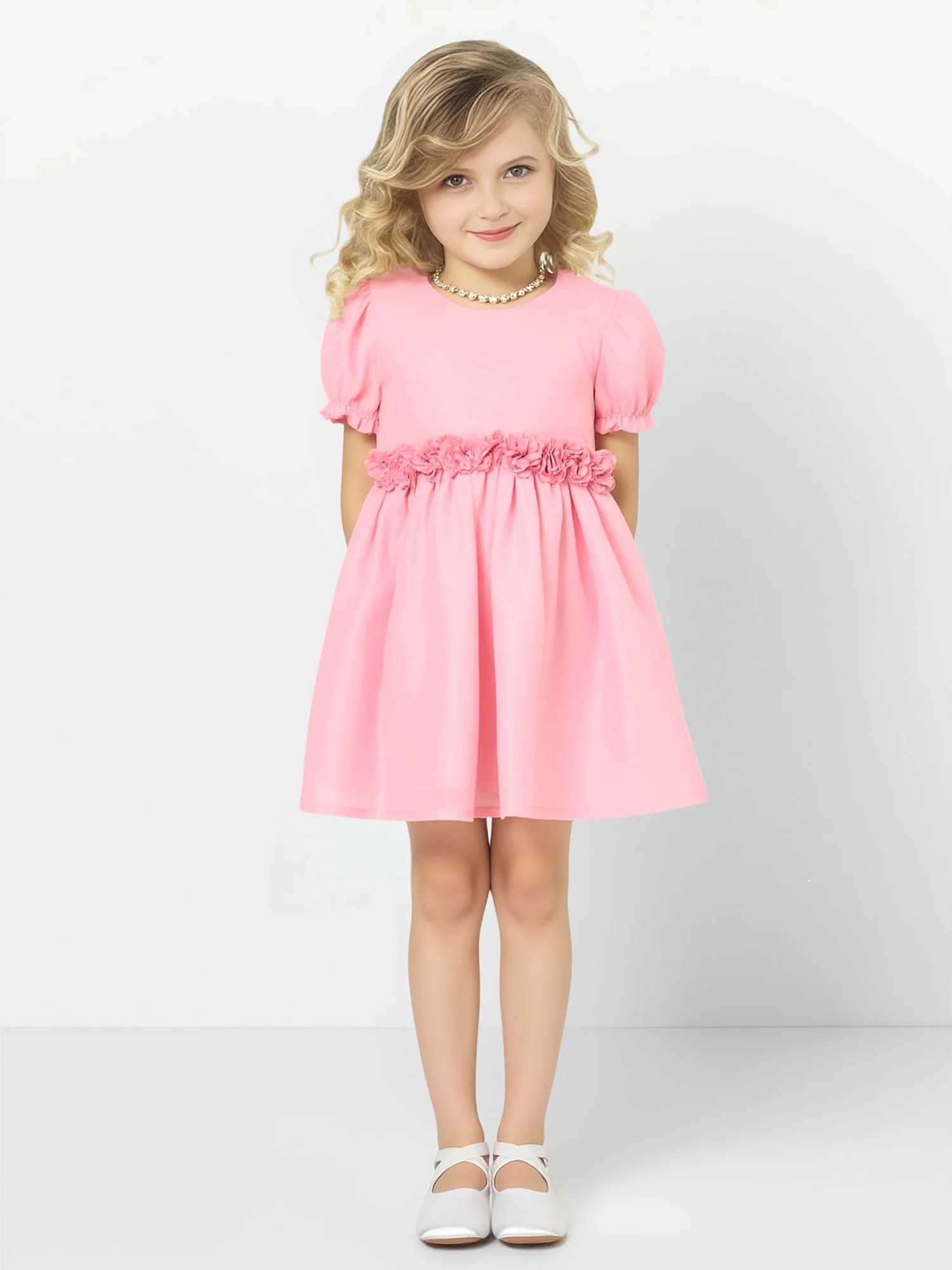 Floral Waist A-Line Scoop Neck Flower Girl Dress Flamingo