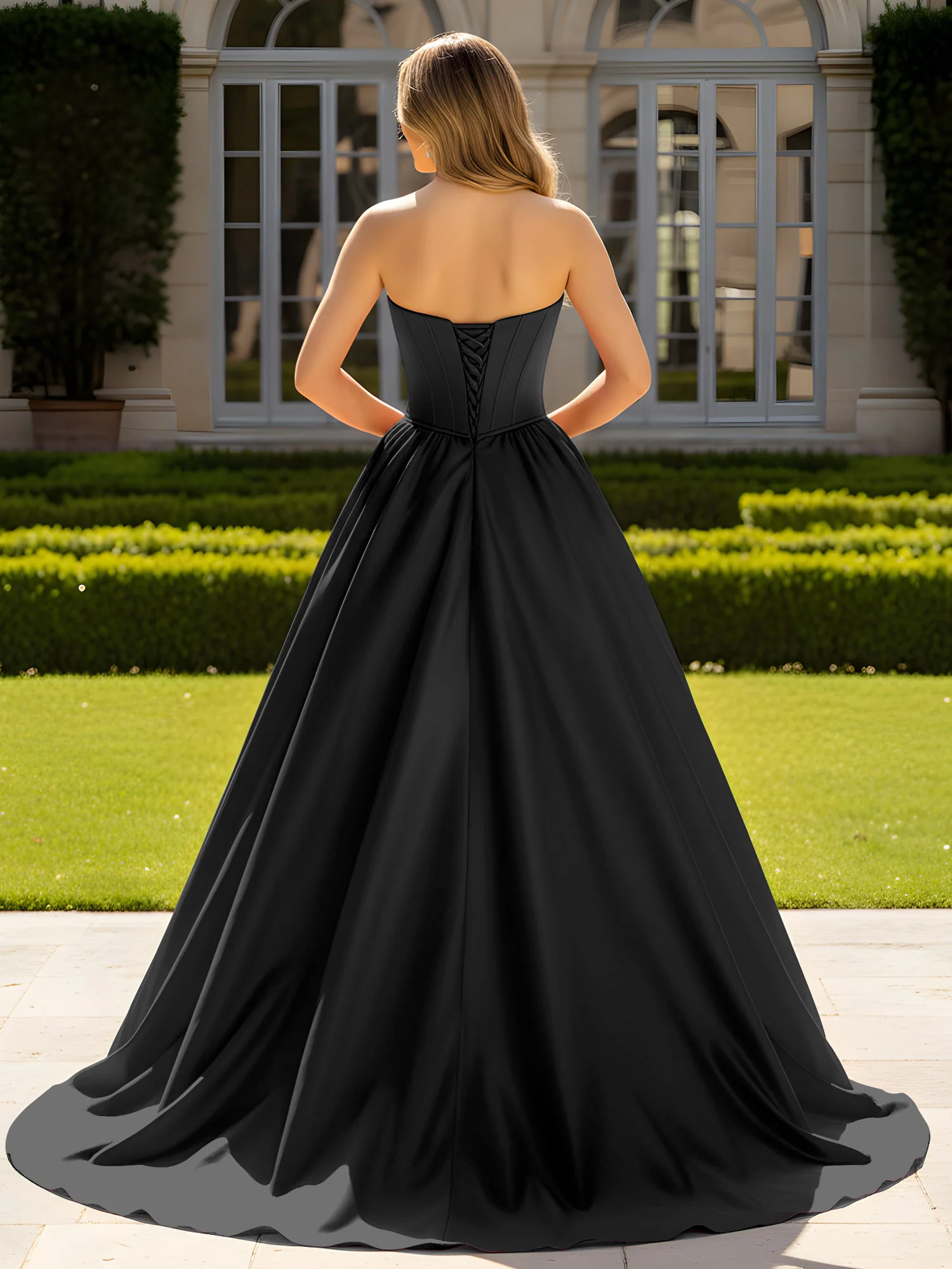 Strapless Satin Ball Gown with Crystal Bustier Detail Black - Image 2