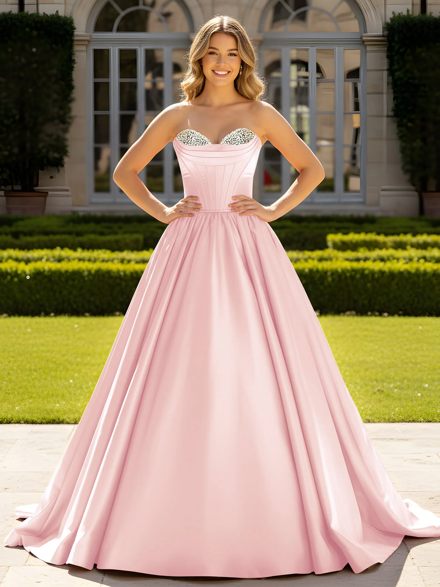 Strapless Satin Ball Gown with Crystal Bustier Detail Blushing Pink