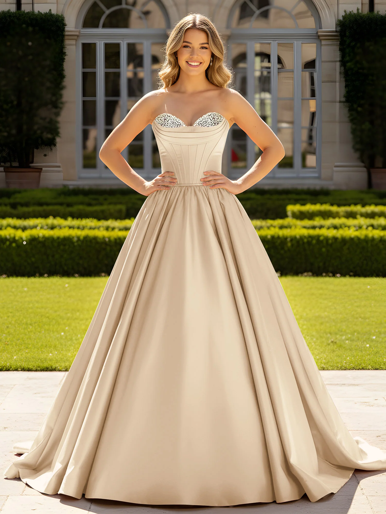 Strapless Satin Ball Gown with Crystal Bustier Detail Champagne