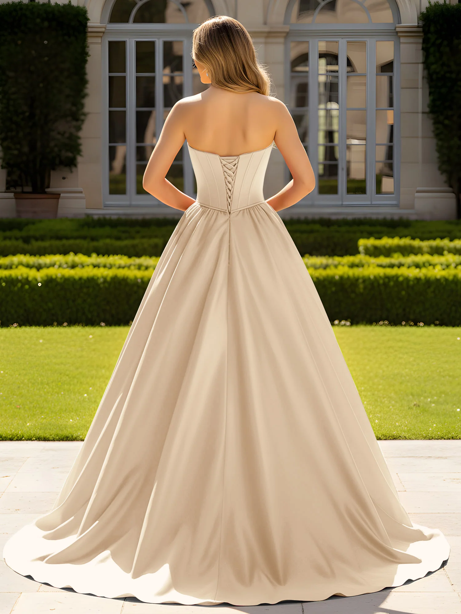 Strapless Satin Ball Gown with Crystal Bustier Detail Champagne - Image 2
