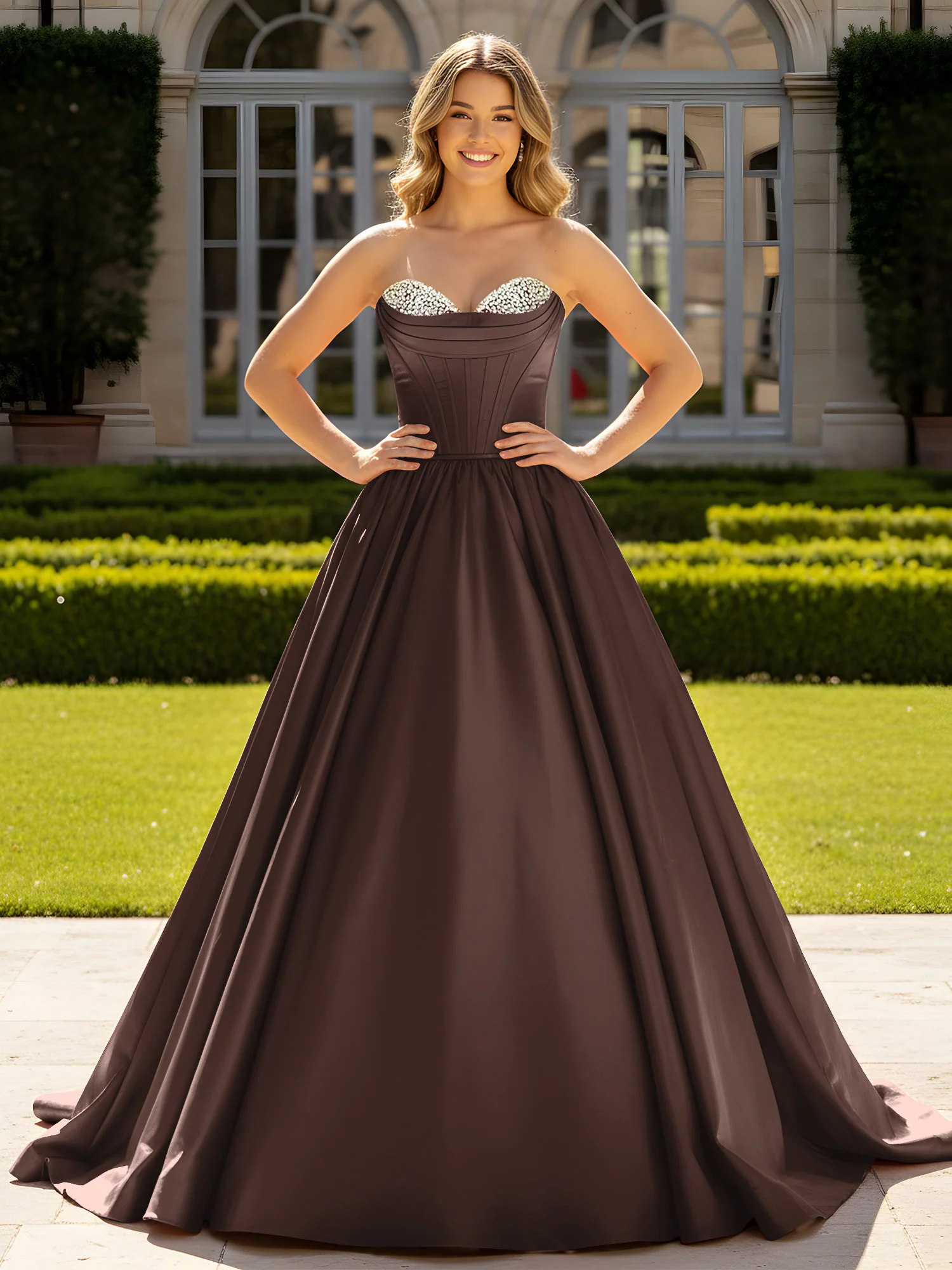 Strapless Satin Ball Gown with Crystal Bustier Detail Chocolate