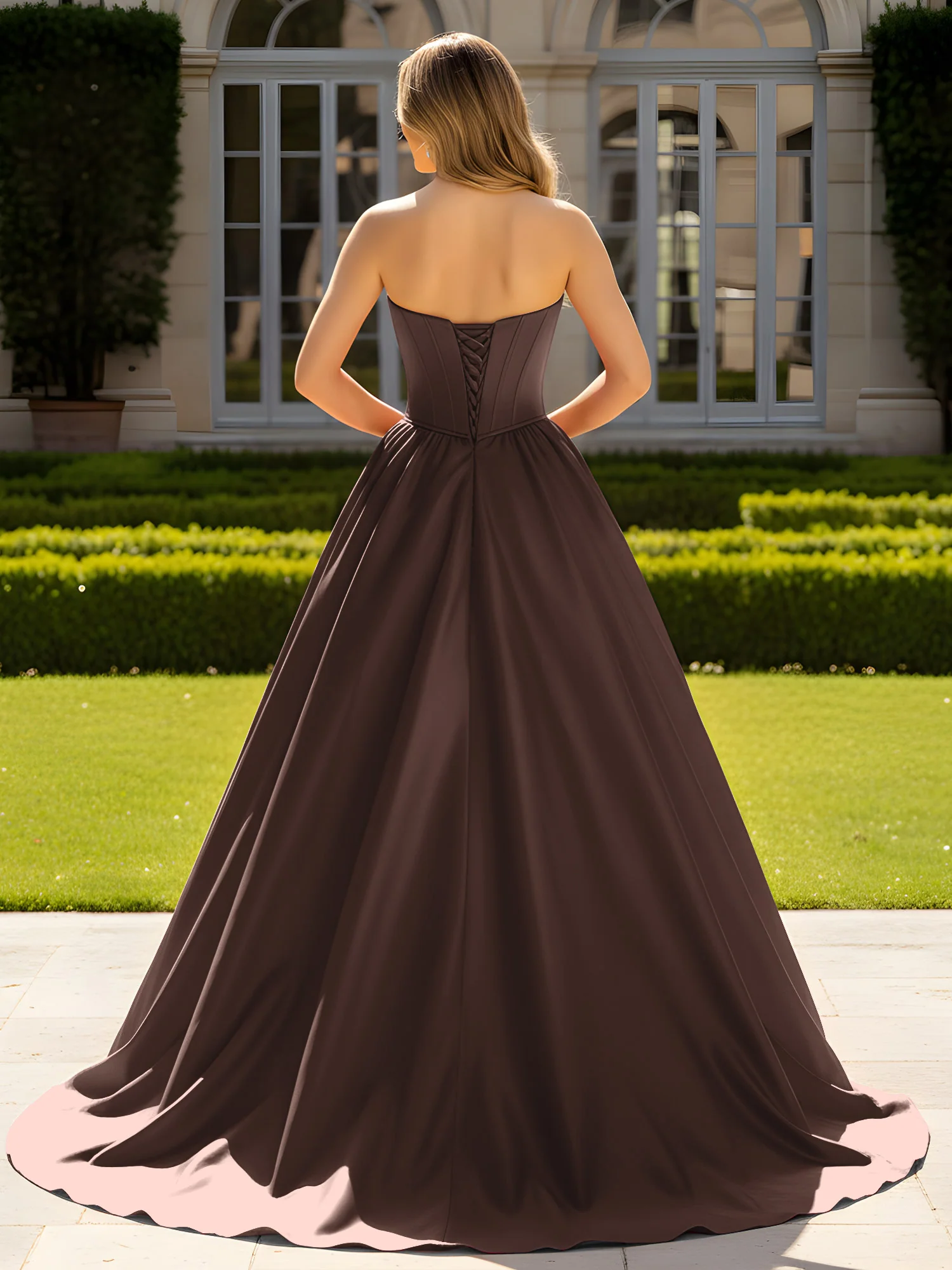 Strapless Satin Ball Gown with Crystal Bustier Detail Chocolate - Image 2