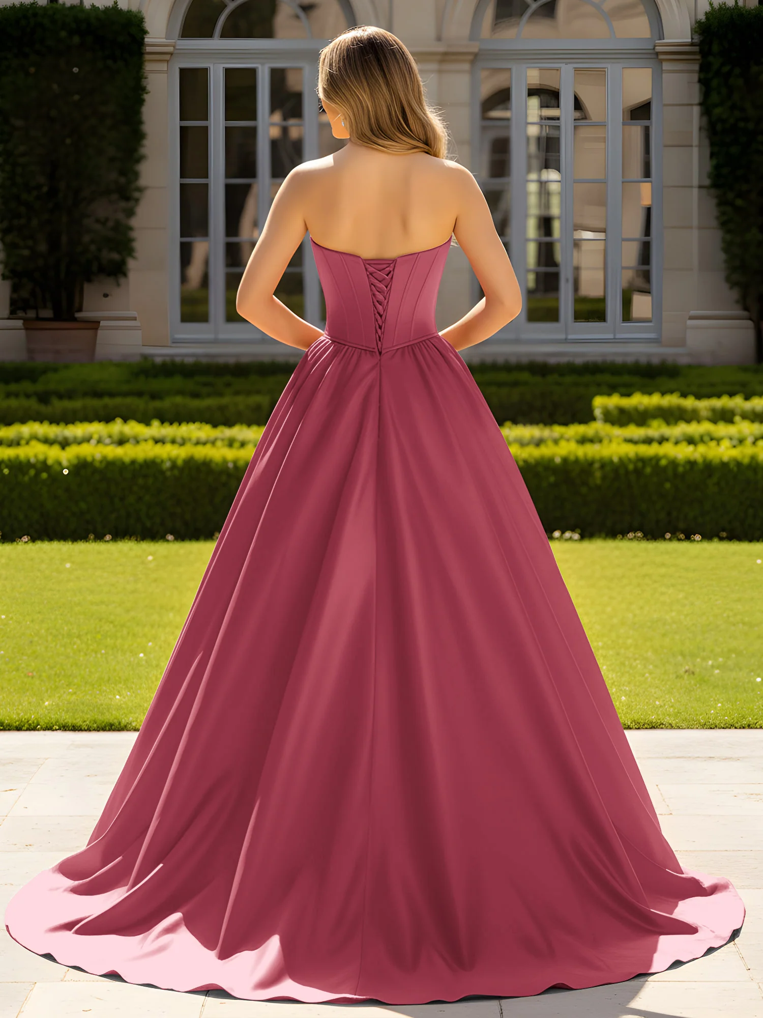 Strapless Satin Ball Gown with Crystal Bustier Detail Cinnamon Rose - Image 2