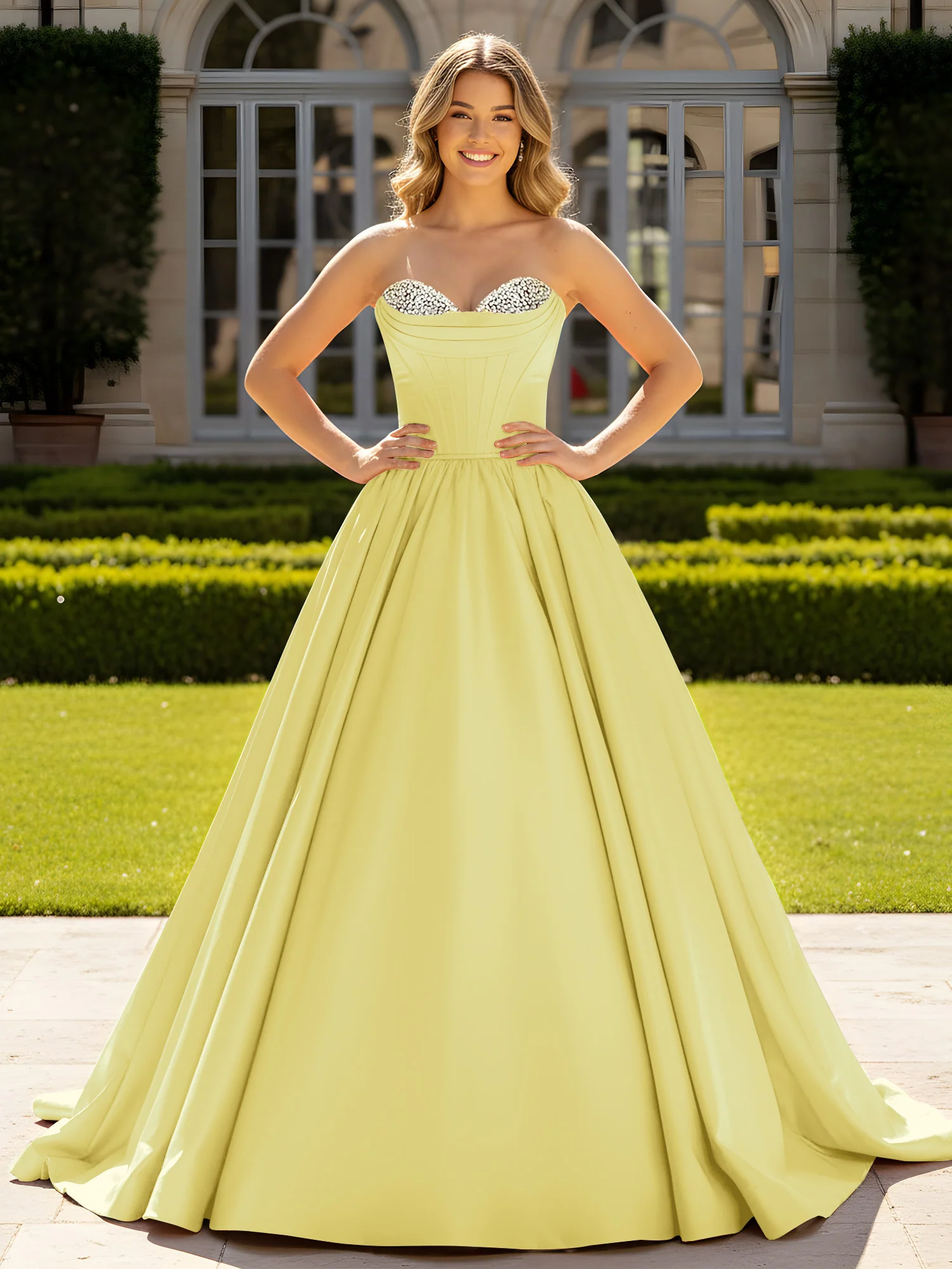 Strapless Satin Ball Gown with Crystal Bustier Detail Daffodil